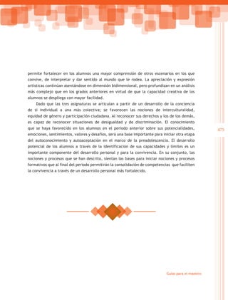 permite fortalecer en los alumnos una mayor comprensión de otros escenarios en los que
convive, de interpretar y dar sentido al mundo que le rodea. La apreciación y expresión
artísticas continúan asentándose en dimensión bidimensional, pero profundizan en un análisis
más complejo que en los grados anteriores en virtud de que la capacidad creativa de los
alumnos se despliega con mayor facilidad.
    Dado que las tres asignaturas se articulan a partir de un desarrollo de la conciencia
de sí individual a una más colectiva; se favorecen las nociones de interculturalidad,
equidad de género y participación ciudadana. Al reconocer sus derechos y los de los demás,
es capaz de reconocer situaciones de desigualdad y de discriminación. El conocimiento
que se haya favorecido en los alumnos en el periodo anterior sobre sus potencialidades,              475
emociones, sentimientos, valores y desafíos, será una base importante para iniciar otra etapa
del autoconocimiento y autoaceptación en el marco de la preadolescencia. El desarrollo
potencial de los alumnos a través de la identificación de sus capacidades y límites es un
importante componente del desarrollo personal y para la convivencia. En su conjunto, las
nociones y procesos que se han descrito, sientan las bases para iniciar nociones y procesos
formativos que al final del periodo permitirán la consolidación de competencias que faciliten
la convivencia a través de un desarrollo personal más fortalecido.




                                                                             Guías para el maestro
 