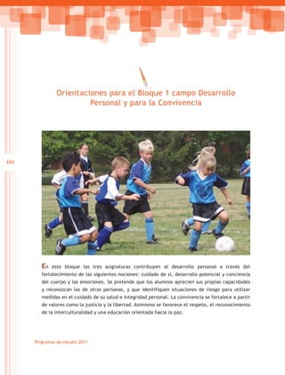 Orientaciones para el Bloque 1 campo Desarrollo
                         Personal y para la Convivencia




480




         En   este bloque las tres asignaturas contribuyen al desarrollo personal a través del
         fortalecimiento de las siguientes nociones: cuidado de sí, desarrollo potencial y conciencia
         del cuerpo y las emociones. Se pretende que los alumnos aprecien sus propias capacidades
         y reconozcan las de otras personas, y que identifiquen situaciones de riesgo para utilizar
         medidas en el cuidado de su salud e integridad personal. La convivencia se fortalece a partir
         de valores como la justicia y la libertad. Asimismo se favorece el respeto, el reconocimiento
         de la interculturalidad y una educación orientada hacia la paz.




      Programas de estudio 2011
 