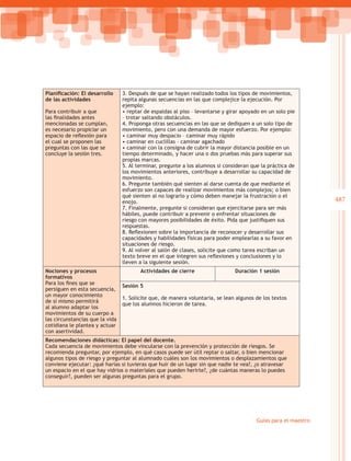Planificación: El desarrollo     3. Después de que se hayan realizado todos los tipos de movimientos,
de las actividades               repita algunas secuencias en las que complejice la ejecución. Por
                                 ejemplo:
Para contribuir a que            • reptar de espaldas al piso – levantarse y girar apoyado en un solo pie
las finalidades antes            – trotar saltando obstáculos.
mencionadas se cumplan,          4. Proponga otras secuencias en las que se dediquen a un solo tipo de
es necesario propiciar un        movimiento, pero con una demanda de mayor esfuerzo. Por ejemplo:
espacio de reflexión para        • caminar muy despacio – caminar muy rápido
el cual se proponen las          • caminar en cuclillas – caminar agachado
preguntas con las que se         • caminar con la consigna de cubrir la mayor distancia posible en un
concluye la sesión tres.	        tiempo determinado, y hacer una o dos pruebas más para superar sus
                                 propias marcas.
                                 5. Al terminar, pregunte a los alumnos si consideran que la práctica de
                                 los movimientos anteriores, contribuye a desarrollar su capacidad de
                                 movimiento.
                                 6. Pregunte también qué sienten al darse cuenta de que mediante el
                                 esfuerzo son capaces de realizar movimientos más complejos; o bien
                                 qué sienten al no lograrlo y cómo deben manejar la frustración o el
                                 enojo.                                                                          487
                                 7. Finalmente, pregunte si consideran que ejercitarse para ser más
                                 hábiles, puede contribuir a prevenir o enfrentar situaciones de
                                 riesgo con mayores posibilidades de éxito. Pida que justifiquen sus
                                 respuestas.
                                 8. Reflexionen sobre la importancia de reconocer y desarrollar sus
                                 capacidades y habilidades físicas para poder emplearlas a su favor en
                                 situaciones de riesgo.
                                 9. Al volver al salón de clases, solicite que como tarea escriban un
                                 texto breve en el que integren sus reflexiones y conclusiones y lo
                                 lleven a la siguiente sesión.
Nociones y procesos                     Actividades de cierre                   Duración 1 sesión
formativos
Para los fines que se
                                 Sesión 5
persiguen en esta secuencia,
un mayor conocimiento
                                 1. Solicite que, de manera voluntaria, se lean algunos de los textos
de sí mismo permitirá
                                 que los alumnos hicieron de tarea.
al alumno adaptar los
movimientos de su cuerpo a
las circunstancias que la vida
cotidiana le plantea y actuar
con asertividad.	
Recomendaciones didácticas: El papel del docente.
Cada secuencia de movimientos debe vincularse con la prevención y protección de riesgos. Se
recomienda preguntar, por ejemplo, en qué casos puede ser útil reptar o saltar, o bien mencionar
algunos tipos de riesgo y preguntar al alumnado cuáles son los movimientos o desplazamientos que
conviene ejecutar: ¿qué harías si tuvieras que huir de un lugar sin que nadie te vea?, ¿o atravesar
un espacio en el que hay vidrios o materiales que pueden herirte?, ¿de cuántas maneras lo puedes
conseguir?, pueden ser algunas preguntas para el grupo.




                                                                                         Guías para el maestro
 