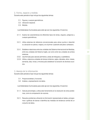2. Forma, espacio y medida
Durante este periodo el eje incluye los siguientes temas:


      2.1.	 Figuras y cuerpos geométricos.
      2.2.	 Ubicación espacial.
      2.3.	 Medida.


    Los Estándares Curriculares para este eje son los siguientes. El alumno:


    2.1.1.	 Explica las características de diferentes tipos de rectas, ángulos, polígonos y
            cuerpos geométricos.


    2.2.1.	 Utiliza sistemas de referencia convencionales para ubicar puntos o describir
            su ubicación en planos, mapas y en el primer cuadrante del plano cartesiano.


    2.3.1.	 Establece relaciones entre las unidades del Sistema Internacional de Medidas,
            entre las unidades del Sistema Inglés, así como entre las unidades de ambos        63
            sistemas.
    2.3.2.	 Usa fórmulas para calcular perímetros y áreas de triángulos y cuadriláteros.
    2.3.3.	 Utiliza y relaciona unidades de tiempo (milenios, siglos, décadas, años, meses,
            semanas, días, horas y minutos) para establecer la duración de diversos suce-
            sos.



3. Manejo de la información
Durante este periodo el eje incluye los siguientes temas:


      3.1.	 Proporcionalidad y funciones.
      3.2.	 Análisis y representación de datos.


    Los Estándares Curriculares para este eje son los siguientes. El alumno:


    3.1.1.	 Calcula porcentajes y utiliza esta herramienta en la resolución de otros proble-
            mas, como la comparación de razones.


    3.2.1.	 Resuelve problemas utilizando la información representada en tablas, pictogra-
            mas o gráficas de barras e identifica las medidas de tendencia central de un
            conjunto de datos.
 