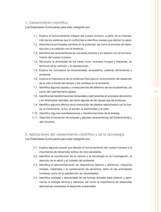 1. Conocimiento científico
Los Estándares Curriculares para esta categoría son:


      1.1.	 Explica el funcionamiento integral del cuerpo humano, a partir de la interrela-
           ción de los sistemas que lo conforman e identifica causas que afectan la salud.
      1.2.	 Describe los principales cambios en la pubertad, así como el proceso de repro-
           ducción y su relación con la herencia.
      1.3.	 Identifica las características de una dieta correcta y su relación con el funciona-
           miento del cuerpo humano.
      1.4.	Reconoce la diversidad de los seres vivos, incluidos hongos y bacterias, en
           términos de la nutrición y la reproducción.
      1.5.	 Explica los conceptos de biodiversidad, ecosistema, cadenas alimentarias y
           ambiente.
      1.6.	 Explica la importancia de la evidencia fósil para el conocimiento del desarrollo
           de la vida a través del tiempo y los cambios en el ambiente.
      1.7.	 Identifica algunas causas y consecuencias del deterioro de los ecosistemas, así
           como del calentamiento global.                                                         85
      1.8.	 Identifica las transformaciones temporales y permanentes en procesos del entorno
           y en fenómenos naturales, así como algunas de las causas que las producen.
      1.9.	 Identifica algunos efectos de la interacción de objetos relacionados con la fuer-
           za, el movimiento, la luz, el sonido, la electricidad y el calor.
     1.10.	 Identifica algunas manifestaciones y transformaciones de la energía.
     1.11.	 Describe la formación de eclipses y algunas características del Sistema Solar y
           del Universo.



2. Aplicaciones del conocimiento científico y de la tecnología
Los Estándares Curriculares para esta categoría son:


      2.1.	 Explica algunas causas que afectan el funcionamiento del cuerpo humano y la
           importancia de desarrollar estilos de vida saludables.
      2.2.	 Identifica la contribución de la ciencia y la tecnología en la investigación, la
           atención de la salud y el cuidado del ambiente.
      2.3.	 Identifica el aprovechamiento de dispositivos ópticos y eléctricos, máquinas
           simples, materiales y la conservación de alimentos, tanto en las actividades
           humanas como en la satisfacción de necesidades.
      2.4.	 Identifica ventajas y desventajas de las formas actuales para obtener y apro-
           vechar la energía térmica y eléctrica, así como la importancia de desarrollar
           alternativas orientadas al desarrollo sustentable.
 