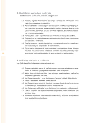 3. Habilidades asociadas a la ciencia
         Los Estándares Curriculares para esta categoría son:


           3.1.	Realiza y registra observaciones de campo y analiza esta información como
                parte de una investigación científica.
           3.2.	 Aplica habilidades necesarias para la investigación científica: responde pregun-
                tas o identifica problemas, revisa resultados, registra datos de observaciones
                y experimentos, construye, aprueba o rechaza hipótesis, desarrolla explicacio-
                nes y comunica resultados.
           3.3.	 Planea y lleva a cabo experimentos que involucren el manejo de variables.
           3.4.	 Explica cómo las conclusiones de una investigación científica son consistentes
                con los datos y evidencias.
           3.5.	 Diseña, construye y evalúa dispositivos o modelos aplicando los conocimien-
                tos necesarios y las propiedades de los materiales.
           3.6.	 Comunica los resultados de observaciones e investigaciones al usar diversos
                recursos, incluyendo formas simbólicas, como los esquemas, gráficas y expo-
86              siciones, así como las tecnologías de la comunicación y la información.



     4. Actitudes asociadas a la ciencia
     Los Estándares Curriculares para esta categoría son:


           4.1.	 Expresa curiosidad acerca de los fenómenos y procesos naturales en una va-
                riedad de contextos y comparte e intercambia ideas al respecto.
           4.2.	 Valora el conocimiento científico y sus enfoques para investigar y explicar los
                fenómenos y procesos naturales.
           4.3.	 Manifiesta disposición y toma decisiones en favor del cuidado del ambiente.
           4.4.	 Valora y respeta las diferentes formas de vida.
           4.5.	 Manifiesta compromiso con la idea de la interdependencia de los humanos con
                la naturaleza y la necesidad de cuidar la riqueza natural.
           4.6.	 Manifiesta responsabilidad al tomar decisiones informadas para cuidar su salud.
           4.7.	 Disfruta y aprecia los espacios naturales disponibles para la recreación y la
                actividad física.
           4.8.	 Manifiesta disposición para el trabajo colaborativo y reconoce la importancia
                de la igualdad de oportunidades.
 