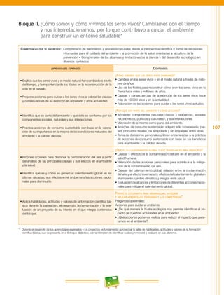 107
Bloque II.	¿Cómo somos y cómo vivimos los seres vivos? Cambiamos con el tiempo
y nos interrelacionamos, por lo que contribuyo a cuidar el ambiente
para construir un entorno saludable*
Competencias que se favorecen:  Comprensión de fenómenos y procesos naturales desde la perspectiva científica • Toma de decisiones
informadas para el cuidado del ambiente y la promoción de la salud orientadas a la cultura de la
prevención • Comprensión de los alcances y limitaciones de la ciencia y del desarrollo tecnológico en
diversos contextos
Aprendizajes esperados Contenidos
•	Explica que los seres vivos y el medio natural han cambiado a través
del tiempo, y la importancia de los fósiles en la reconstrucción de la
vida en el pasado.
•	Propone acciones para cuidar a los seres vivos al valorar las causas
y consecuencias de su extinción en el pasado y en la actualidad.
¿Cómo sabemos que los seres vivos cambiamos?
•	Cambios en los seres vivos y en el medio natural a través de millo-
nes de años.
•	Uso de los fósiles para reconstruir cómo eran los seres vivos en la
Tierra hace miles y millones de años.
•	Causas y consecuencias de la extinción de los seres vivos hace
más de 10 000 años y en la actualidad.
•	 Valoración de las acciones para cuidar a los seres vivos actuales.
•	Identifica que es parte del ambiente y que éste se conforma por los
componentes sociales, naturales y sus interacciones.
•	Practica acciones de consumo sustentable con base en la valora-
ción de su importancia en la mejora de las condiciones naturales del
ambiente y la calidad de vida.
¿Por qué soy parte del ambiente y cómo lo cuido?
•	Ambiente: componentes naturales –físicos y biológicos–, sociales
–económicos, políticos y culturales–, y sus interacciones.
•	Valoración de sí mismo como parte del ambiente.
•	Acciones de consumo sustentable: adquirir sólo lo necesario, pre-
ferir productos locales, de temporada y sin empaque, entre otras.
•	Toma de decisiones personales y libres encaminadas a la práctica
de acciones de consumo sustentable con base en los beneficios
para el ambiente y la calidad de vida.
•	Propone acciones para disminuir la contaminación del aire a partir
del análisis de las principales causas y sus efectos en el ambiente
y la salud.
•	Identifica qué es y cómo se generó el calentamiento global en las
últimas décadas, sus efectos en el ambiente y las acciones nacio-
nales para disminuirlo.
¿Qué es el calentamiento global y qué puedo hacer para reducirlo?
•	Causas y efectos de la contaminación del aire en el ambiente y la
salud humana.
•	Valoración de las acciones personales para contribuir a la mitiga-
ción de la contaminación del aire.
•	Causas del calentamiento global: relación entre la contaminación
del aire y el efecto invernadero; efectos del calentamiento global en
el ambiente: cambio climático y riesgos en la salud.
•	Evaluación de alcances y limitaciones de diferentes acciones nacio-
nales para mitigar el calentamiento global.
•	Aplica habilidades, actitudes y valores de la formación científica bá-
sica durante la planeación, el desarrollo, la comunicación y la eva-
luación de un proyecto de su interés en el que integra contenidos
del bloque.
Proyecto estudiantil para desarrollar, integrar
y aplicar aprendizajes esperados y las competencias*
Preguntas opcionales:
Acciones para cuidar el ambiente.
•	¿De qué manera la huella ecológica nos permite identificar el im-
pacto de nuestras actividades en el ambiente?
•	¿Qué acciones podemos realizar para reducir el impacto que gene-
ramos en el ambiente?
* 	 Durante el desarrollo de los aprendizajes esperados y los proyectos es fundamental aprovechar la tabla de habilidades, actitudes y valores de la formación
científica básica, que se presenta en el Enfoque didáctico, con la intención de identificar cuáles promoverá y evaluará en sus alumnos.
 