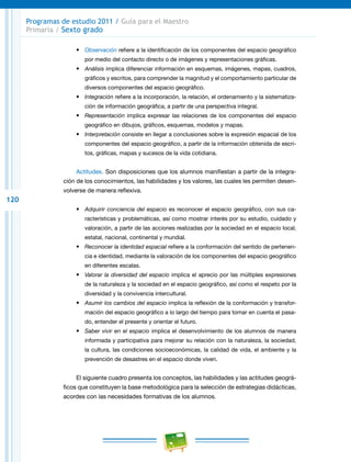 120
Programas de estudio 2011 / Guía para el Maestro
Primaria / Sexto grado
•	 Observación refiere a la identificación de los componentes del espacio geográfico
por medio del contacto directo o de imágenes y representaciones gráficas.
•	 Análisis implica diferenciar información en esquemas, imágenes, mapas, cuadros,
gráficos y escritos, para comprender la magnitud y el comportamiento particular de
diversos componentes del espacio geográfico.
•	 Integración refiere a la incorporación, la relación, el ordenamiento y la sistematiza-
ción de información geográfica, a partir de una perspectiva integral.
•	 Representación implica expresar las relaciones de los componentes del espacio
geográfico en dibujos, gráficos, esquemas, modelos y mapas.
•	 Interpretación consiste en llegar a conclusiones sobre la expresión espacial de los
componentes del espacio geográfico, a partir de la información obtenida de escri-
tos, gráficas, mapas y sucesos de la vida cotidiana.
Actitudes. Son disposiciones que los alumnos manifiestan a partir de la integra-
ción de los conocimientos, las habilidades y los valores, las cuales les permiten desen-
volverse de manera reflexiva.
•	 Adquirir conciencia del espacio es reconocer el espacio geográfico, con sus ca-
racterísticas y problemáticas, así como mostrar interés por su estudio, cuidado y
valoración, a partir de las acciones realizadas por la sociedad en el espacio local,
estatal, nacional, continental y mundial.
•	 Reconocer la identidad espacial refiere a la conformación del sentido de pertenen-
cia e identidad, mediante la valoración de los componentes del espacio geográfico
en diferentes escalas.
•	 Valorar la diversidad del espacio implica el aprecio por las múltiples expresiones
de la naturaleza y la sociedad en el espacio geográfico, así como el respeto por la
diversidad y la convivencia intercultural.
•	 Asumir los cambios del espacio implica la reflexión de la conformación y transfor-
mación del espacio geográfico a lo largo del tiempo para tomar en cuenta el pasa-
do, entender el presente y orientar el futuro.
•	 Saber vivir en el espacio implica el desenvolvimiento de los alumnos de manera
informada y participativa para mejorar su relación con la naturaleza, la sociedad,
la cultura, las condiciones socioeconómicas, la calidad de vida, el ambiente y la
prevención de desastres en el espacio donde viven.
El siguiente cuadro presenta los conceptos, las habilidades y las actitudes geográ-
ficos que constituyen la base metodológica para la selección de estrategias didácticas,
acordes con las necesidades formativas de los alumnos.
 