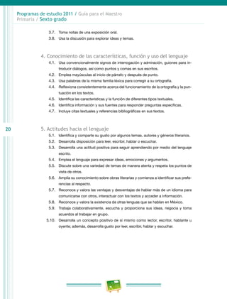 20
Programas de estudio 2011 / Guía para el Maestro
Primaria / Sexto grado
3.7.	 Toma notas de una exposición oral.
3.8.	 Usa la discusión para explorar ideas y temas.
4. Conocimiento de las características, función y uso del lenguaje
4.1.	 Usa convencionalmente signos de interrogación y admiración, guiones para in-
troducir diálogos, así como puntos y comas en sus escritos.
4.2.	 Emplea mayúsculas al inicio de párrafo y después de punto.
4.3.	 Usa palabras de la misma familia léxica para corregir a su ortografía.
4.4.	 Reflexiona consistentemente acerca del funcionamiento de la ortografía y la pun-
tuación en los textos.
4.5.	 Identifica las características y la función de diferentes tipos textuales.
4.6.	 Identifica información y sus fuentes para responder preguntas específicas.
4.7.	 Incluye citas textuales y referencias bibliográficas en sus textos.
5. Actitudes hacia el lenguaje
5.1.	 Identifica y comparte su gusto por algunos temas, autores y géneros literarios.
5.2.	 Desarrolla disposición para leer, escribir, hablar o escuchar.
5.3.	 Desarrolla una actitud positiva para seguir aprendiendo por medio del lenguaje
escrito.
5.4.	 Emplea el lenguaje para expresar ideas, emociones y argumentos.
5.5.	 Discute sobre una variedad de temas de manera atenta y respeta los puntos de
vista de otros.
5.6.	 Amplía su conocimiento sobre obras literarias y comienza a identificar sus prefe-
rencias al respecto.
5.7.	 Reconoce y valora las ventajas y desventajas de hablar más de un idioma para
comunicarse con otros, interactuar con los textos y acceder a información.
5.8.	 Reconoce y valora la existencia de otras lenguas que se hablan en México.
5.9.	 Trabaja colaborativamente, escucha y proporciona sus ideas, negocia y toma
acuerdos al trabajar en grupo.
5.10.	 Desarrolla un concepto positivo de sí mismo como lector, escritor, hablante u
oyente; además, desarrolla gusto por leer, escribir, hablar y escuchar.
 