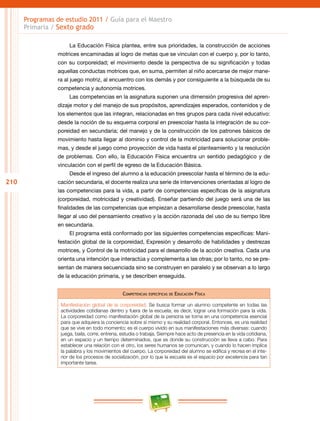 210
Programas de estudio 2011 / Guía para el Maestro
Primaria / Sexto grado
La Educación Física plantea, entre sus prioridades, la construcción de acciones
motrices encaminadas al logro de metas que se vinculan con el cuerpo y, por lo tanto,
con su corporeidad; el movimiento desde la perspectiva de su significación y todas
aquellas conductas motrices que, en suma, permiten al niño acercarse de mejor mane-
ra al juego motriz, al encuentro con los demás y por consiguiente a la búsqueda de su
competencia y autonomía motrices.
Las competencias en la asignatura suponen una dimensión progresiva del apren-
dizaje motor y del manejo de sus propósitos, aprendizajes esperados, contenidos y de
los elementos que las integran, relacionadas en tres grupos para cada nivel educativo:
desde la noción de su esquema corporal en preescolar hasta la integración de su cor-
poreidad en secundaria; del manejo y de la construcción de los patrones básicos de
movimiento hasta llegar al dominio y control de la motricidad para solucionar proble-
mas, y desde el juego como proyección de vida hasta el planteamiento y la resolución
de problemas. Con ello, la Educación Física encuentra un sentido pedagógico y de
vinculación con el perfil de egreso de la Educación Básica.
Desde el ingreso del alumno a la educación preescolar hasta el término de la edu-
cación secundaria, el docente realiza una serie de intervenciones orientadas al logro de
las competencias para la vida, a partir de competencias específicas de la asignatura
(corporeidad, motricidad y creatividad). Enseñar partiendo del juego será una de las
finalidades de las competencias que empiezan a desarrollarse desde preescolar, hasta
llegar al uso del pensamiento creativo y la acción razonada del uso de su tiempo libre
en secundaria.
El programa está conformado por las siguientes competencias específicas: Mani-
festación global de la corporeidad, Expresión y desarrollo de habilidades y destrezas
motrices, y Control de la motricidad para el desarrollo de la acción creativa. Cada una
orienta una intención que interactúa y complementa a las otras; por lo tanto, no se pre-
sentan de manera secuenciada sino se construyen en paralelo y se observan a lo largo
de la educación primaria, y se describen enseguida.
Competencias específicas de Educación Física
Manifestación global de la corporeidad. Se busca formar un alumno competente en todas las
actividades cotidianas dentro y fuera de la escuela; es decir, lograr una formación para la vida.
La corporeidad como manifestación global de la persona se torna en una competencia esencial
para que adquiera la conciencia sobre sí mismo y su realidad corporal. Entonces, es una realidad
que se vive en todo momento; es el cuerpo vivido en sus manifestaciones más diversas: cuando
juega, baila, corre, entrena, estudia o trabaja. Siempre hace acto de presencia en la vida cotidiana,
en un espacio y un tiempo determinados, que es donde su construcción se lleva a cabo. Para
establecer una relación con el otro, los seres humanos se comunican, y cuando lo hacen implica
la palabra y los movimientos del cuerpo. La corporeidad del alumno se edifica y recrea en el inte-
rior de los procesos de socialización, por lo que la escuela es el espacio por excelencia para tan
importante tarea.
 