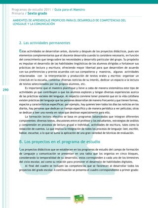 290
Programas de estudio 2011 / Guía para el Maestro
Primaria / Sexto grado
2. Las actividades permanentes
Estas actividades se desarrollan antes, durante y después de los proyectos didácticos, pues son
elementos complementarios que el docente desarrolla cuando lo considere necesario, en función
del conocimiento que tenga sobre las necesidades y desarrollo particular del grupo. Su propósito
es impulsar el desarrollo de las habilidades lingüísticas de los alumnos dirigidas a fortalecer sus
prácticas de lectura y escritura; ofreciendo mayor libertad para que desarrollen de acuerdo
con sus preferencias y previos acuerdos con sus compañeros y maestros, algunas actividades
relacionadas con la interpretación y producción de textos orales y escritos: organizar un
cineclub en la escuela, comentar diversas noticias de su interés, dedicar un espacio a la lectura
de textos seleccionados por los propios alumnos, etc.
Es importante que el maestro planifique y lleve a cabo de manera sistemática este tipo de
actividades ya que contribuyen a que los alumnos exploren y tengan diversas experiencias acerca
de las prácticas sociales del lenguaje. Al respecto conviene tener presente que en la vida cotidiana
existen prácticas del lenguaje que las personas desarrollan de manera frecuente y que tienen formas,
espacios y características específicas: por ejemplo, hay quienes leen todos los días las noticias en los
diarios, hay personas que dedican un tiempo específico y de manera periódica a ver películas; otras
se dedican a leer una novela en ratos que destinan especialmente para ello.
La formación lectora efectiva se basa en programas balanceados que integran diferentes
componentes: diversos textos, discusiones entre el profesor y los estudiantes, estrategias de análisis
y comprensión en procesos de lectura grupal e individual, actividades de escritura, tales como la
redacción de cuentos. Lo que implica la integración de todos los procesos de lenguaje: leer, escribir,
hablar, escuchar, a lo que se suma la aplicación de una gran variedad de técnicas de evaluación.
B. Los proyectos en el programa de estudio
Los proyectos didácticos que se establecen en los programas de estudio del campo de formación
de Lenguaje y comunicación se presentan en una tabla que los organiza en cinco bloques,
considerando la temporalidad de su desarrollo, estos corresponden a cada uno de los bimestres
del ciclo escolar, así como su relación para promover el desarrollo de habilidades digitales.
Al final del cuadro se incluyen las competencias que se favorecen al desarrollar todos los
proyectos del grado escolar. A continuación se presenta el cuadro correspondiente a primer grado:
AMBIENTES DE APRENDIZAJE PROPICIOS PARA EL DESARROLLO DE COMPETENCIAS DEL
LENGUAJE Y LA COMUNICACIÓN
 