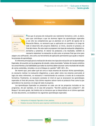 303
Programas de estudio 2011 / Guía para el Maestro
Primaria / Sexto grado
Para que el proceso de evaluación sea realmente formativo y útil, es decir,
para que contribuya a que los alumnos logren los aprendizajes esperados
y con ello las competencias que se plantean en el perfil de egreso de la
Educación Básica, es necesario que su aplicación se considere a lo largo de
todo el desarrollo del proyecto didáctico: al inicio, durante el proceso y al
final del mismo. Por esta razón se proponen tres tipos de evaluación (diagnóstica,
formativa y sumativa). Al valorar los productos y los resultados, también es
necesario replantear la evaluación no sólo como un proceso final que sirve para
asignar una calificación, sino como una herramienta de aplicación permanente que ayude a mejorar
los procesos de aprendizaje.
El referente principal para la realización de estos tres tipos de evaluación son los Aprendizajes
Esperados; de acuerdo con los programas de estudio, estos enunciados “señalan de manera sintética
los conocimientos y las habilidades que todos los alumnos deben alcanzar como resultado del estudio
de varios contenidos, incluidos o no en el bloque en cuestión” (SEP: 2011, 81).
De manera que, para saber qué tan cerca o lejos estamos de alcanzar dichos aprendizajes,
es necesario realizar la evaluación diagnóstica; y para saber cómo nos estamos acercando al
logro de estos referentes, es necesario ir monitoreando los avances a través de la evaluación
formativa; finalmente, es necesario constatar el nivel en que se alcanzaron los aprendizajes
esperados al final del proceso. Esto último requiere valorar tanto el producto final como lo que
aprendieron los alumnos a lo largo de todo el proyecto.
Los Aprendizajes Esperados se presentan en cada uno de los proyectos incluidos en los
programas. Así por ejemplo, en el caso del proyecto: “Escribir poemas para compartir”, del
Bloque V de sexto grado, del Ámbito de la Literatura que se desarrollará en el último apartado
de este documento, se establecen los siguientes aprendizajes esperados:
Evaluación
•	 Interpreta el lenguaje figurado al leer poemas.
•	 Emplea recursos literarios para expresar sentimientos al escribir poemas
SOBRESALIENTE
MUY BIEN
BIEN
REGULAR
ÁREA DE OPORTUNIDAD
EVALUACIÓN MENSUAL
 