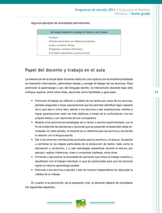 31
Programas de estudio 2011 / Guía para el Maestro
Primaria / Sexto grado
Algunos ejemplos de actividades permanentes:
Actividades permanentes sugeridas de tercero a sexto grados
•	Lectura.
•	Escribir textos libres con diferentes propósitos.
•	Leer y comentar noticias.
•	Organizar y sintetizar información.
•	Compartir impresiones y puntos de vista.
Papel del docente y trabajo en el aula
La relevancia de la actual labor docente radica en una ruptura con la enseñanza basada
en transmitir información, administrar tareas y corregir el trabajo de los alumnos. Para
promover el aprendizaje y uso del lenguaje escrito, la intervención docente bajo este
enfoque supone, entre otros roles, asumirse como facilitador y guía para:
•	 Promover el trabajo de reflexión y análisis de los textos por parte de los alumnos,
plantear preguntas o hacer aseveraciones que les permitan identificar algún aspecto
de lo que leen o cómo leen; alentar a los alumnos a dar explicaciones; retarlos a
lograr apreciaciones cada vez más objetivas a través de la confrontación con los
propios textos o con opiniones de sus compañeros.
•	 Mostrar a los alumnos las estrategias de un lector o escritor experimentado, con el
fin de evidenciar las decisiones y opciones que se presentan al desarrollar estas ac-
tividades. En este sentido, el docente es un referente para los alumnos y les facilita
la relación con la lengua escrita.
•	 Dar a los alumnos orientaciones puntuales para la escritura y la lectura. Ayudarlos
a centrarse en las etapas particulares de la producción de textos, tales como la
planeación y corrección, y a usar estrategias específicas durante la lectura, por
ejemplo, realizar inferencias, crear o comprobar hipótesis, entre otras.
•	 Fomentar y aprovechar la diversidad de opiniones que ofrece el trabajo colectivo y
equilibrarlo con el trabajo individual, lo que da oportunidad para que los alumnos
logren el máximo aprendizaje posible.
•	 Estimular a los alumnos a escribir y leer de manera independiente sin descuidar la
calidad de su trabajo.
En cuanto a la promoción de la expresión oral, el docente deberá de considerar
los siguientes aspectos:
 