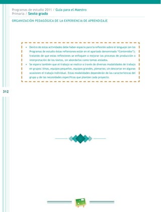 312
Programas de estudio 2011 / Guía para el Maestro
Primaria / Sexto grado
•	 Dentro de estas actividades debe haber espacio para la reflexión sobre el lenguaje (en los
Programas de estudio éstas reflexiones están en el apartado denominado “Contenidos”);
tratando de que estas reflexiones se enfoquen a mejorar los procesos de producción o
interpretación de los textos, sin abordarlos como temas aislados.
•	 Se espera también que el trabajo se realice a través de diversas modalidades de trabajo
en grupos: binas, equipos pequeños, equipos grandes, plenarias; sin descartar en algunas
ocasiones el trabajo individual. Estas modalidades dependerán de las características del
grupo y de las necesidades específicas que plantee cada proyecto.
ORGANIZACIÓN PEDAGÓGICA DE LA EXPERIENCIA DE APRENDIZAJE
 