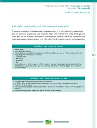 325
Programas de estudio 2011 / Guía para el Maestro
Primaria / Sexto grado
ORIENTACIONES DIDÁCTICAS
Indicadores para evaluar los poemas
El poema debe:
a) Ser original del alumno.
b) Incluir algunos recursos literarios (el docente, de acuerdo con lo que se vivió en el desarrollo del
proyecto puede establecer un mínimo):
•  Comparaciones
•  Metáforas
•  Analogías,
•  Etc.
c) Ser consistente en la forma que se eligió: mantener la prosa si es un poema en prosa; utilizar la
rima de forma regular (si decidió que tuviera rima); mantener la métrica regular (si se eligieron
versos medidos).
Indicadores para evaluar la lectura en voz alta
a) Dar la entonación de acuerdo al contenido del poema.
b) La fluidez debe ser adecuada a lo que se expresa en el poema (hacer las pausas necesarias,
mantener el ritmo, etc.)
c) Si la lectura es en público, tomar en cuenta las reacciones del auditorio para ir haciendo ajustes en
la lectura.
d) Si la lectura es grabada, asegurarse que se escucha correctamente.
4. El producto qué hicimos ¿qué faltó y qué resultó adecuado?
Otra parte importante de la evaluación, como ya se dijo, es la valoración del producto final.
Una vez concluido el proyecto será necesario hacer una revisión final tanto de los poemas
elaborados por los alumnos como realizar una valoración de la lectura de los poemas.De este
modo, algunos aspectos a considerar en la valoración final del producto pueden ser las siguientes:
 