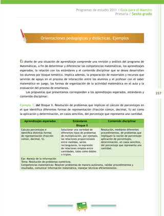 357
Programas de estudio 2011 / Guía para el Maestro
Primaria / Sexto grado
El diseño de una situación de aprendizaje comprende una revisión y análisis del programa de
Matemáticas, a fin de determinar y diferenciar las competencias matemáticas, los aprendizajes
esperados, la relación con los estándares y el contenido disciplinar que se desea desarrollen
los alumnos por bloque temático. Implica además, la preparación de materiales y recursos que
servirán de apoyo en el proceso de interacción entre los alumnos y el profesor con el saber
matemático en juego, las formas de organización de la actividad matemática en el aula y la
evaluación del proceso de enseñanza.
Las propuestas que presentamos corresponden a los aprendizajes esperados, estándares y
contenido disciplinar:
Ejemplo 1: del Bloque II. Resolución de problemas que implican el cálculo de porcentajes en
el que identifica diferentes formas de representación (fracción común, decimal, %) así como
la aplicación y determinación, en casos sencillos, del porcentaje que representa una cantidad.
Aprendizajes esperados Estándares Contenido disciplinar
Bloque II
Calcula porcentajes e
identifica distintas formas
de representación (fracción
común, decimal, %).
Solucionar una variedad de
diferentes tipos de problemas
de multiplicación, por ejemplo,
las relaciones proporcionales
entre medidas, series
rectangulares, la expresión
de relaciones simples entre
cantidades, tales como dobles
o triples.
Resolución, mediante diferentes
procedimientos, de problemas que
impliquen la noción de porcentaje:
aplicación de porcentajes,
determinación, en casos sencillos,
del porcentaje que representa una
cantidad.
Eje: Manejo de la información
Tema: Resolución de problemas numéricos.
Competencias matemáticas: Resolver problemas de manera autónoma, validar procedimientos y
resultados, comunicar información matemática, manejar técnicas eficientemente.
Orientaciones pedagógicas y didácticas. Ejemplos
 