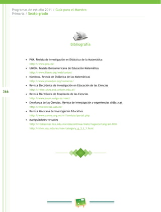 366
Programas de estudio 2011 / Guía para el Maestro
Primaria / Sexto grado
•	 PNA. Revista de investigación en Didáctica de la Matemática
http://www.pna.es/
•	 UNION. Revista Iberoamericana de Educación Matemática
http://www.fisem.org/web/union/
•	 Números. Revista de Didáctica de las Matemáticas
http://www.sinewton.org/numeros/
•	 Revista Electrónica de Investigación en Educación de las Ciencias
http://reiec.sites.exa.unicen.edu.ar/
•	 Revista Electrónica de Enseñanza de las Ciencias
http://www.saum.uvigo.es/reec/
•	 Enseñanza de las Ciencias. Revista de investigación y experiencias didácticas
http://ensciencias.uab.es/
•	 Revista Mexicana de Investigación Educativa
http://www.comie.org.mx/v1/revista/portal.php
•	 Manipuladores virtuales
http://redescolar.ilce.edu.mx/educontinua/mate/lugares/tangram.htm
http://nlvm.usu.edu/es/nav/category_g_3_t_1.html
Bibliografía
 