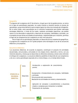 407
Programas de estudio 2011 / Guía para el Maestro
Primaria / Sexto grado
Geografía
El programa de la asignatura de 6º de primaria, al igual que el de los grados previos, se centra
en el logro de aprendizajes esperados, los cuales orientan al docente durante el proceso de
aprendizaje, ya que éstos definen lo que se espera logren los niños con el estudio de la Geografía.
Por lo antes citado, estos aprendizajes son el referente fundamental para diseñar adecuadas
estrategias didácticas, a través de las cuales, mediante actividades específicas, sea posible
valorar en los educandos la adquisición y desarrollo de conceptos, habilidades y actitudes, con
el propósito de que dichas actividades de aprendizaje, implementadas por el docente, permitan
el logro de las competencias de la asignatura en este nivel educativo.
Para el logro de los aprendizajes esperados y el desarrollo de las competencias geográficas,
el programa de la asignatura en el 6º grado propone como estrategias el uso de las secuencias
didácticas y los proyectos.
Secuencia didáctica
Las secuencias didácticas, de acuerdo al programa, constituyen el conjunto de actividades
secuenciadas, estructuradas y articuladas en tres etapas (inicio, desarrollo y cierre), con una
intención educativa, mismas que se desarrollan en diferentes contextos y tienen como referente
el enfoque de la asignatura. La secuencia didáctica posibilita el desarrollo de una competencia
y de uno o varios aprendizajes esperados de un mismo bloque, en un tiempo determinado.
ORIENTACIONES DIDÁCTICAS
Introducción o exploración de conocimientos
previos.
Aplicación de conceptos o procedimientos a situaciones
simples o complejas para interpretar la realidad.
Presentación de resultados.
Inicio
Desarrollo
Cierre
ETAPAS DE LA
SECUENCIA
DIDÁCTICA
Incorporación o fortalecimiento de conceptos, habilidades
y actitudes.
Estructuración del conocimiento.
Realización de actividades de síntesis y sistematización.
 
