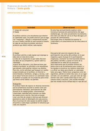 414
Programas de estudio 2011 / Guía para el Maestro
Primaria / Sexto grado
Actividad Observaciones
1ª etapa del concurso:
(1 hora)	
El profesor solicita a los estudiantes que diseñen
su calentador solar. Se puede solicitar que se haga
con “maquetas”, dibujos o simplemente escribir
en una o media cuartilla en qué consiste el diseño.
Al cabo de una hora el profesor solicita el
producto que debió realizar cada equipo.
En esta fase será pertinente explicar cómo
funciona el proceso de calentamiento del agua
mediante gas, tal como actualmente nos bañamos.
Esto dará una idea de cuál es el flujo del agua y el
proceso de calentamiento.
Esta etapa tiene la finalidad de explotar la
creatividad y el conocimiento de los niños sobre el
fenómeno.
(1 hora)
El profesor solicita a cada equipo que exponga su
idea ante el resto de la clase.
La idea de la exposición es que todos discutan
las ideas de sus compañeros y opinen sobre su
viabilidad.
A partir de la discusión y las observaciones que
realizó el profesor, se solicitará a los estudiantes
que piensen cómo podrían mejorar sus diseños.
Para ello, se les solicitará que busquen en medios
proporcionados por el profesor, en Internet o
entrevistando a familiares, amigos y vecinos, cuál
es la mejor forma de construir un calentador solar.
El profesor se queda con los productos para evitar
que éstos sufran daños o se pierdan.
Esta parte del ejercicio requiere de una
participación muy activa del profesor en lo que
respecta a guiar al grupo en la participación
respetuosa, mantener las intervenciones dentro
del ámbito científico y opinar en torno de la
viabilidad de las ideas de los proyectos.
Será importante que el profesor ofrezca las
pistas acerca de los elementos para conducir a
los equipos a encontrar los mejores materiales
y a afinar sus ideas para diseñar un calentador
solar para agua. Podría hacer preguntas como las
siguientes: ¿dónde se siente más calor, en un lugar
cerrado o en uno abierto?, ¿con qué color de ropa
sienten más calor cuando están bajo el sol?, ¿con
colores claros u oscuros?, ¿han tocado monedas
que han estado mucho tiempo bajo el rayo del sol?
Evaluación:
El profesor habrá de reparar en diversos elementos
que se presentaron durante la sesión como son:
participación individual, participación de cada
alumno en el trabajo grupal, conocimientos,
creatividad, habilidad para expresar sus ideas
de manera oral o escrita. Para ello se puede
crear una lista de cotejo o rúbricas que ofrezcan
parámetros sobre el desempeño de cada alumno.
Para el puntaje de cada equipo se podrán asignar
25 puntos a cada etapa o ponderar el esfuerzo que
cada una requiere.
ORIENTACIONES DIDÁCTICAS
 