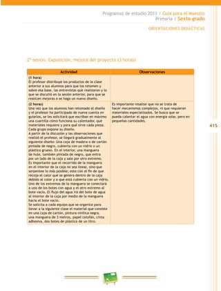 415
Programas de estudio 2011 / Guía para el Maestro
Primaria / Sexto grado
2ª sesión: Exposición, mejora del proyecto (3 horas)
Actividad Observaciones
(1 hora)
El profesor distribuye los productos de la clase
anterior a sus alumnos para que los retomen y
sobre esa base, las entrevistas que realizaron y lo
que se discutió en la sesión anterior, para que se
realicen mejoras o se haga un nuevo diseño.
(2 horas)
Una vez que los alumnos han retomado el diseño
y el profesor ha participado de nueva cuenta en
guiarlos, se les solicitará que escriban en máximo
una cuartilla cómo funciona su calentador, qué
materiales requiere y para qué sirve cada pieza.
Cada grupo expone su diseño.
A partir de la discusión y las observaciones que
realizó el profesor, se llegará gradualmente al
siguiente diseño: Una caja de madera o de cartón
pintada de negro, cubierta con un vidrio o un
plástico grueso. En el interior, una manguera
de hule, también pintada de negro, que entra
por un lado de la caja y sale por otro extremo.
Es importante que el recorrido de la manguera
en el interior de la caja no sea lineal, sino que
serpentee lo más posible; esto con el fin de que
recoja el calor que se genera dentro de la caja
debido al color y a que está cubierta con un vidrio.
Uno de los extremos de la manguera se conectará
a uno de los botes con agua y el otro extremo al
bote vacío. El flujo del agua irá del bote de agua
al interior de la caja por medio de la manguera
hacia el bote vacío.
Se solicita a cada equipo que se organice para
llevar a la siguiente clase el material que consiste
en una caja de cartón, pintura vinílica negra,
una manguera de 3 metros, papel celofán, cinta
adhesiva, dos botes de plástico de un litro.
Es importante resaltar que no se trata de
hacer mecanismos complejos, ni que requieran
materiales especializados. Se busca que se
pueda calentar el agua con energía solar, pero en
pequeñas cantidades.
ORIENTACIONES DIDÁCTICAS
 