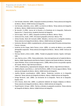420
Programas de estudio 2011 / Guía para el Maestro
Primaria / Sexto grado
•	 Coll-Hurtado, Atlántida. (2005). Geografía económica de México. Temas selectos de Geografía
de México. México: UNAM-Instituto de Geografía.
•	 Coll-Hurtado, Atlántida y otros. (2007). La minería en México. Temas selectos de Geografía
de México. México: UNAM-Instituto de Geografía.
•	 De Sarrailh, E.(1992). Acerca de la Escuela y la Enseñanza de la Geografía, Publicación
Especial No. 5. Buenos Aires: Academia Nacional de Geografía.
•	 García López, Yahir G. (2007). Geografía económica de México. México: Patria.
•	 Gómez de Silva, Guido. (1997). Diccionario geográfico Universal. México: FCE.
•	 Gómez Escobar, María del Consuelo (2004). Métodos y técnicas de la cartografía temática.
Temas selectos de Geografía de México. México: UNAM-Instituto de Geografía.
•	 Guillochon, Bernard. (2003). La globalización. ¿Un futuro para todos? El mundo contemporáneo.
Francia: Larousse.
•	 Gutiérrez de Mc Gregor, María Teresa y otros. (2005). La cuenca de México y sus cambios
demográfico-espaciales. Temas selectos de Geografía de México . México: UNAM- Instituto de
Geografía.
•	 Hiernaux Daniel y Alicia Lindón. (2006). Tratado de geografía humana. España: Anthropos-
UAM.
•	 Leal, Marina y otros. (1995). Temas ambientales. Zona metropolitana de la Ciudad de México,
México: UNAM- Departamento del Distrito Federal, Gobierno del Estado de México, Semarnap.
•	 López Villafañe, Víctor y Carlos Uscanga (coord.). (2000), México frente a las grandes regiones
del mundo. México: Siglo Veintiuno Editores.
•	 (1997), Globalización y regionalización desigual, México. México: Siglo Veintiuno Editores.
•	 Maderey Rascón, Laura Elena y J. Joel Carrillo Rivera. (2005). El recurso agua en México. Temas
selectos de Geografía de México. México: UNAM-Instituto de Geografía .
•	 Josefina Morales (coordinadora). (2005). México. Tendencias recientes en la Geografía
industrial. Temas selectos de Geografía de México. México: UNAM-Instituto de Geografía.
•	 Ortega Varcárcel, José. (2000). Los horizontes de la Geografía. Teoría de la Geografía.
España: Ariel.
•	 Ortiz Álvarez, María Inés. (2005). La población hablante de lenguas indígenas en México.
Temas selectos de Geografía de México. México: UNAM-Instituto de Geografía.
•	 PropinFrejomil, Enrique. (2003). Teorías y métodos en geografía económica. Temas selectos
de Geografía de México. México: UNAM-Instituto de Geografía.
BIBLIOGRAFÍA
 