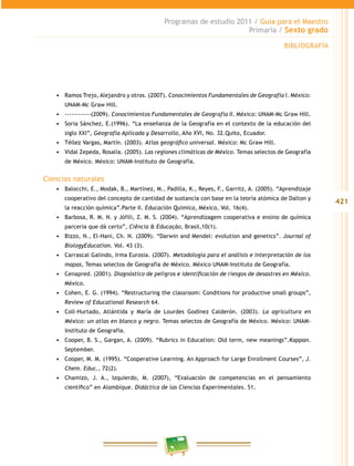 421
Programas de estudio 2011 / Guía para el Maestro
Primaria / Sexto grado
•	 Ramos Trejo, Alejandro y otros. (2007). Conocimientos Fundamentales de Geografía I. México:
UNAM-Mc Graw Hill.
•	 ------------(2009). Conocimientos Fundamentales de Geografía II. México: UNAM-Mc Graw Hill.
•	 Soria Sánchez, E.(1996). “La enseñanza de la Geografía en el contexto de la educación del
siglo XXI”, Geografía Aplicada y Desarrollo, Año XVI, No. 32.Quito, Ecuador.
•	 Téllez Vargas, Martín. (2003). Atlas geográfico universal. México: Mc Graw Hill.
•	 Vidal Zepeda, Rosalía. (2005). Las regiones climáticas de México. Temas selectos de Geografía
de México. México: UNAM-Instituto de Geografía.
Ciencias naturales
•	 Balocchi, E., Modak, B., Martínez, M., Padilla, K., Reyes, F., Garritz, A. (2005). “Aprendizaje
cooperativo del concepto de cantidad de sustancia con base en la teoría atómica de Dalton y
la reacción química”.Parte II. Educación Química, México, Vol. 16(4).
•	 Barbosa, R. M. N. y Jófili, Z. M. S. (2004). “Aprendizagem cooperativa e ensino de química
parceria que dá certo”, Ciência & Educação, Brasil,10(1).
•	 Bizzo, N., El-Hani, Ch. N. (2009). “Darwin and Mendel: evolution and genetics”. Journal of
BiologyEducation. Vol. 43 (3).
•	 Carrascal Galindo, Irma Eurosia. (2007). Metodología para el análisis e interpretación de los
mapas, Temas selectos de Geografía de México. México UNAM-Instituto de Geografía.
•	 Cenapred. (2001). Diagnóstico de peligros e identificación de riesgos de desastres en México.
México.
•	 Cohen, E. G. (1994). “Restructuring the classroom: Conditions for productive small groups”,
Review of Educational Research 64.
•	 Coll-Hurtado, Atlántida y María de Lourdes Godínez Calderón. (2003). La agricultura en
México: un atlas en blanco y negro. Temas selectos de Geografía de México. México: UNAM-
Instituto de Geografía.
•	 Cooper, B. S., Gargan, A. (2009). “Rubrics in Education: Old term, new meanings”.Kappan.
September.
•	 Cooper, M. M. (1995). “Cooperative Learning. An Approach for Large Enrollment Courses”, J.
Chem. Educ., 72(2).
•	 Chamizo, J. A., Izquierdo, M. (2007), “Evaluación de competencias en el pensamiento
científico” en Alambique. Didáctica de las Ciencias Experimentales. 51.
BIBLIOGRAFÍA
 