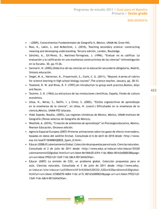 423
Programas de estudio 2011 / Guía para el Maestro
Primaria / Sexto grado
•	 --(2009), Conocimientos Fundamentales de Geografía II, México, UNAM-Mc Graw Hill.
•	 Ross, K., Lakin, L. and McKechnie, J. (2010), Teaching secondary science: constructing
meaning and developing understanding. Tercera edición, London, Routledge.
•	 Sánchez, A., Gil-Perez, D., Martínez-Torregrosa, J. (1996), “Evaluar no es calificar. La
evaluación y la calificación en una enseñanza constructivista de las ciencias” enInvestigación
en la Escuela. 30, pp.15-26.
•	 Sanmartí, N. (2002),Didáctica de las ciencias en la educación secundaria obligatoria, Madrid,
Síntesis educación.
•	 Siegel, M. A., Halverson, K., Freyermuth, S., Clark, C. G. (2011), “Beyond: A series of rubrics
for science learning in high school biology courses”,The science teacher, January, pp. 28-33.
•	 Toseland, R. W. and Rivas, R. F. (1997),An introduction to group work practice,Boston, Allyn
and Bacon.
•	 Toulmin, S. K. (1962),La estructura de las revoluciones científicas, España, Fondo de cultura
económica.
•	 Ulloa, N., Meraz, S., Delfín, I. y Chino, S. (2002), “Estilos cognoscitivos de aprendizaje
en la enseñanza de la ciencia”, en Ulloa, N. (coord.) Dificultades en la enseñanza de la
ciencia,México, UNAM-FES Iztacala.
•	 Vidal Zepeda, Rosalía, (2005), Las regiones climáticas de México, México, UNAM-Instituto de
Geografía (Temas selectos de Geografía de México).
•	 Woolfolk, A. (2010), “Creación de ambientes de aprendizaje” en Psicología educativa, México,
Pearson Educación, Onceava edición.
•	 Agencia Espacial Europea (2007) Primeras animaciones sobre los gases de efecto invernadero,
basadas en datos del satélite Envisat. Consultada el 6 de abril de 2010 desde <http://www.
esa.int/esaCP/SEMB8XQ08ZE_Spain_0.html>.
•	 Educar(2008)ElcalentamientoGlobal.Coleccióndepropuestasparaelaula.Cienciasnaturales.
Consultada el 2 de julio de 2011 desde <http://www.educ.ar/educar/site/educar/El%20
calentamiento%20global.html?uri=urn:kbee:8e184b30-d3f4-11dc-806e-00163e000038&page-
uri=urn:kbee:ff9221c0-13a9-11dc-b8c4-0013d43e5fae>.
•	 Educar (2007) La emisión de CO2, un problema global. Colección propuestas para el
aula. Ciencias naturales. Consultada el 2 de julio de 2011 desde >http://www.educ.
ar/educar/site/educar/La%20emisi%F3n%20de%20CO2,%20un%20problema%20global.
html?uri=urn:kbee:3358b070-4684-11dc-a17c-00163e000024&page-uri=urn:kbee:ff9221c0-
13a9-11dc-b8c4-0013d43e5fae>.
BIBLIOGRAFÍA
 