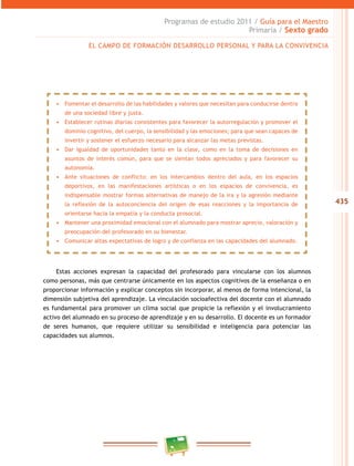 435
Programas de estudio 2011 / Guía para el Maestro
Primaria / Sexto grado
•	 Fomentar el desarrollo de las habilidades y valores que necesitan para conducirse dentro
de una sociedad libre y justa.
•	 Establecer rutinas diarias consistentes para favorecer la autorregulación y promover el
dominio cognitivo, del cuerpo, la sensibilidad y las emociones; para que sean capaces de
invertir y sostener el esfuerzo necesario para alcanzar las metas previstas.
•	 Dar igualdad de oportunidades tanto en la clase, como en la toma de decisiones en
asuntos de interés común, para que se sientan todos apreciados y para favorecer su
autonomía.
•	 Ante situaciones de conflicto: en los intercambios dentro del aula, en los espacios
deportivos, en las manifestaciones artísticas o en los espacios de convivencia, es
indispensable mostrar formas alternativas de manejo de la ira y la agresión mediante
la reflexión de la autoconciencia del origen de esas reacciones y la importancia de
orientarse hacia la empatía y la conducta prosocial.
•	 Mantener una proximidad emocional con el alumnado para mostrar aprecio, valoración y
preocupación del profesorado en su bienestar.
•	 Comunicar altas expectativas de logro y de confianza en las capacidades del alumnado.
EL CAMPO DE FORMACIÓN DESARROLLO PERSONAL Y PARA LA CONVIVENCIA
Estas acciones expresan la capacidad del profesorado para vincularse con los alumnos
como personas, más que centrarse únicamente en los aspectos cognitivos de la enseñanza o en
proporcionar información y explicar conceptos sin incorporar, al menos de forma intencional, la
dimensión subjetiva del aprendizaje. La vinculación socioafectiva del docente con el alumnado
es fundamental para promover un clima social que propicie la reflexión y el involucramiento
activo del alumnado en su proceso de aprendizaje y en su desarrollo. El docente es un formador
de seres humanos, que requiere utilizar su sensibilidad e inteligencia para potenciar las
capacidades sus alumnos.
 