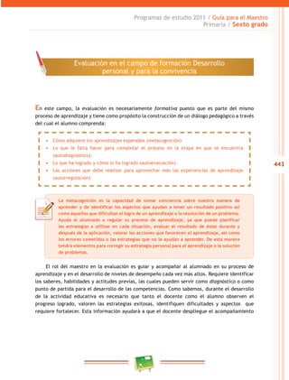 443
Programas de estudio 2011 / Guía para el Maestro
Primaria / Sexto grado
En este campo, la evaluación es necesariamente formativa puesto que es parte del mismo
proceso de aprendizaje y tiene como propósito la construcción de un diálogo pedagógico a través
del cual el alumno comprenda:
El rol del maestro en la evaluación es guiar y acompañar al alumnado en su proceso de
aprendizaje y en el desarrollo de niveles de desempeño cada vez más altos. Requiere identificar
los saberes, habilidades y actitudes previas, las cuales pueden servir como diagnóstico o como
punto de partida para el desarrollo de las competencias. Como sabemos, durante el desarrollo
de la actividad educativa es necesario que tanto el docente como el alumno observen el
progreso logrado, valoren las estrategias exitosas, identifiquen dificultades y aspectos que
requiere fortalecer. Esta información ayudará a que el docente despliegue el acompañamiento
Evaluación en el campo de formación Desarrollo
personal y para la convivencia
•	 Cómo adquiere los aprendizajes esperados (metacognición).
•	 Lo que le falta hacer para completar el proceso en la etapa en que se encuentra
(autodiagnóstico).
•	 Lo que ha logrado y cómo lo ha logrado (autoevaluación).
•	 Las acciones que debe realizar para aprovechar más las experiencias de aprendizaje
(autorregulación).
La metacognición es la capacidad de tomar conciencia sobre nuestra manera de
aprender y de identificar los aspectos que ayudan a tener un resultado positivo así
como aquellos que dificultan el logro de un aprendizaje o la resolución de un problema.
Ayuda al alumnado a regular su proceso de aprendizaje, ya que puede planificar
las estrategias a utilizar en cada situación, evaluar el resultado de éstas durante y
después de la aplicación, valorar las acciones que favorecen el aprendizaje, así como
los errores cometidos o las estrategias que no le ayudan a aprender. De esta manera
tendrá elementos para corregir su estrategia personal para el aprendizaje o la solución
de problemas.
 