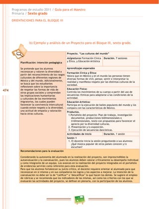 474
Programas de estudio 2011 / Guía para el Maestro
Primaria / Sexto grado
Planificación: intención pedagógica
Se pretende que los alumnos
reconozcan y valoren la diversidad a
partir del reconocimiento de los rasgos
culturales de diferentes regiones de
México y del mundo. Adicionalmente,
se busca que los estudiantes
reflexionen sobre la importancia
de respetar las formas de vida de
otros grupos sociales y comprendan
las implicaciones humanitarias
y culturales de los movimientos
migratorios, los cuales pueden
favorecer la convivencia intercultural
cuando existe respeto a la diversidad,
una actitud de empatía y valoración
hacia otras culturas.
Proyecto. “Las culturas del mundo”
Asignaturas Formación Cívica
y Ética, y Educación Artística
Duración. 7 sesiones
Aprendizajes esperados
Formación Cívica y Ética:
Valora que en México y en el mundo las personas tienen
diversas formas de vivir, pensar, sentir e interpretar la
realidad y manifiesta respeto por las distintas culturas de la
sociedad.
Educación Física:
Controla los movimientos de su cuerpo a partir del uso de
secuencias rítmicas para adaptarse a las condiciones de la
actividad.
Educación Artística:
Participa en la ejecución de bailes populares del mundo y los
compara con las características de México.
Productos.
1.Portafolio del proyecto: Plan de trabajo, investigación
documental, producciones bidimensionales o
tridimensionales, texto con propuestas para favorecer el
aprecio por la diversidad culturas.
2. Presentación y/o exposición.
3. Ejecución de secuencias dancísticas.
Actividades de inicio Duración. 1 sesión
Sesión 1
1. El docente inicia la sesión preguntando a sus alumnos:
¿Qué música popular de otros países conocen y/o
escuchan?
Recomendaciones para la evaluación
Considerando la autonomía del alumnado en la realización del proyecto, son imprescindibles la
autoevaluación y la coevaluación, pues los alumnos deben valorar críticamente su desempeño individual
y como integrante de un equipo. Los avances en la realización del proyecto integrados en el portafolio
de evidencias servirán como referente para esta evaluación.
Para que los alumnos fortalezcan su juicio crítico, el docente requiere orientar al alumnado para que
reconozcan en sí mismos y en sus compañeros los logros y los aspectos a mejorar. La intención de la
coevaluación no debe ser la de “calificar” o "descalificar" lo que hacen los demás. Se sugiere el empleo
de rúbricas y se recomienda que los indicadores de las mismas, así como los criterios con los que se
evaluarán las actividades del proyecto, se definan en plenaria, con la participación de los alumnos.
b) Ejemplo y análisis de un Proyecto para el Bloque III, sexto grado.
ORIENTACIONES PARA EL BLOQUE III
 