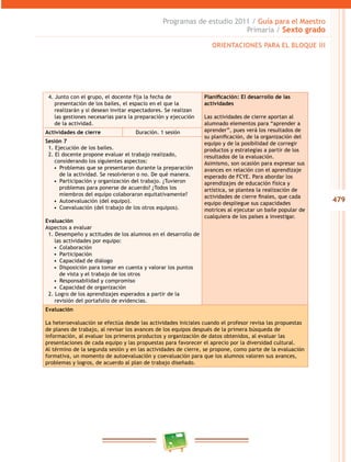479
Programas de estudio 2011 / Guía para el Maestro
Primaria / Sexto grado
4. Junto con el grupo, el docente fija la fecha de
presentación de los bailes, el espacio en el que la
realizarán y si desean invitar espectadores. Se realizan
las gestiones necesarias para la preparación y ejecución
de la actividad.
Planificación: El desarrollo de las
actividades
Las actividades de cierre aportan al
alumnado elementos para “aprender a
aprender”, pues verá los resultados de
su planificación, de la organización del
equipo y de la posibilidad de corregir
productos y estrategias a partir de los
resultados de la evaluación.
Asimismo, son ocasión para expresar sus
avances en relación con el aprendizaje
esperado de FCYE. Para abordar los
aprendizajes de educación física y
artística, se plantea la realización de
actividades de cierre finales, que cada
equipo despliegue sus capacidades
motrices al ejecutar un baile popular de
cualquiera de los países a investigar.
Actividades de cierre Duración. 1 sesión
Sesión 7
1. Ejecución de los bailes.
2. El docente propone evaluar el trabajo realizado,
considerando los siguientes aspectos:
•  Problemas que se presentaron durante la preparación
de la actividad. Se resolvieron o no. De qué manera.
•  Participación y organización del trabajo. ¿Tuvieron
problemas para ponerse de acuerdo? ¿Todos los
miembros del equipo colaboraron equitativamente?
•  Autoevaluación (del equipo).
•  Coevaluación (del trabajo de los otros equipos).
Evaluación
Aspectos a evaluar
1. Desempeño y actitudes de los alumnos en el desarrollo de
las actividades por equipo:
•  Colaboración
•  Participación
•  Capacidad de diálogo
•  Disposición para tomar en cuenta y valorar los puntos
de vista y el trabajo de los otros
•  Responsabilidad y compromiso
•  Capacidad de organización
2. Logro de los aprendizajes esperados a partir de la
revisión del portafolio de evidencias.
Evaluación
La heteroevaluación se efectúa desde las actividades iniciales cuando el profesor revisa las propuestas
de planes de trabajo, al revisar los avances de los equipos después de la primera búsqueda de
información, al evaluar los primeros productos y organización de datos obtenidos, al evaluar las
presentaciones de cada equipo y las propuestas para favorecer el aprecio por la diversidad cultural.
Al término de la segunda sesión y en las actividades de cierre, se propone, como parte de la evaluación
formativa, un momento de autoevaluación y coevaluación para que los alumnos valoren sus avances,
problemas y logros, de acuerdo al plan de trabajo diseñado.
ORIENTACIONES PARA EL BLOQUE III
 