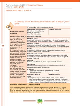 488
Programas de estudio 2011 / Guía para el Maestro
Primaria / Sexto grado
Planificación: intención
pedagógica
Por medio de este proyecto,
se pretende pues avanzar
hacia la construcción
reflexiva de posturas y
compromisos que definan
la participación ciudadana
hacia la construcción
de una cultura de la
prevención.
Se vinculan asignaturas de
diversos campos formativos,
con la intención de ofrecer
a los alumnos experiencias
de aprendizaje integradoras
para el desarrollo de
competencias para
enfrentar los desafíos que
plantean los problemas
sociales de mayor
relevancia.
La integración va más
allá de un ejercicio de
correlación de contenidos,
pues se trata de aprovechar
los saberes, habilidades,
valores y actitudes que
se promueven a lo largo y
ancho del currículo.
Proyecto: ¿Qué hacer en caso de desastres?
Asignatura(s): Educación Física,
Educación Artística, Español,
Formación Cívica y Ética,
Geografía, Matemáticas
Duración. 5 sesiones
Aprendizajes esperados
Educación Física:
Establece la importancia de la solidaridad y el respeto como elementos
que permiten una mejor convivencia dentro y fuera del contexto escolar.
Educación Artística:
Reconoce la importancia de la fotografía y el video como recursos
documentales para el resguardo y preservación del patrimonio intangible.
Español:
Recupera información pertinente y busca material (fotos, trabajos
escolares y datos) que la complemente.
Formación Cívica y Ética:
Propone estrategias de organización y participación ante condiciones
sociales desfavorables o situaciones que pongan en riesgo la integridad
personal y colectiva.
Geografía:
Participa en la difusión de planes de prevención de desastres.
Matemáticas:
Recupera información pertinente y busca material (fotos, trabajos
escolares y datos) que la complemente.
Productos:
•	Reportes de investigación sobre desastres naturales.
•	Plan de prevención.
Actividades de inicio Duración: 1 sesión
Sesión 1
1. En equipos, el grupo analiza noticias que el docente distribuye
sobre algún desastre (sismos, inundaciones, incendios, explosiones,
accidentes de transportes automovilísticos, ferroviarios, marítimos o
aéreos, tsunamis, entre otros) ocurrido en México o en el mundo.
Recomendaciones didácticas: El papel del docente
Las actividades de inicio crean las condiciones para problematizar, plantear la temática a abordar
y recuperar los saberes previos. Las preguntas y actividades que se plantean para el análisis de la
situación problema, se han redactado con la intención de que sirvan de puntos de partida para abordar
los contenidos que se vinculan al tema central.
b) Ejemplo y análisis de una Secuencia Didáctica para el Bloque V, sexto
grado.
ORIENTACIONES PARA EL BLOQUE V
 