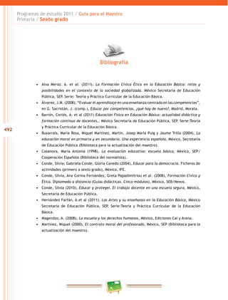 492
Programas de estudio 2011 / Guía para el Maestro
Primaria / Sexto grado
•	 Alva Meraz. A. et al. (2011). La Formación Cívica Ética en la Educación Básica: retos y
posibilidades en el contexto de la sociedad globalizada. México Secretaría de Educación
Pública, SEP. Serie: Teoría y Práctica Curricular de la Educación Básica.
•	 Álvarez, J.M. (2008), “Evaluar el aprendizaje en una enseñanza centrada en las competencias”,
en G. Sacristán, J. (comp.), Educar por competencias, ¿qué hay de nuevo?, Madrid, Morata.
•	 Barrón, Cortés, A. et al (2011) Educación Física en Educación Básica: actualidad didáctica y
formación continua de docentes,. México Secretaría de Educación Pública, SEP. Serie:Teoría
y Práctica Curricular de la Educación Básica.
•	 Buxarrais, María Rosa, Miquel Martínez, Martín, Josep María Puig y Jaume Trilla (2004), La
educación moral en primaria y en secundaria. Una experiencia española, México, Secretaría
de Educación Pública (Biblioteca para la actualización del maestro).
•	 Casanova, María Antonia (1998), La evaluación educativa: escuela básica, México, SEP/
Cooperación Española (Biblioteca del normalista).
•	 Conde, Silvia; Gabriela Conde, Gloria Canedo (2004), Educar para la democracia. Ficheros de
actividades (primero a sexto grado), México, IFE.
•	 Conde, Silvia, Ana Corina Fernández, Greta Papadimitriou et al. (2008), Formación Cívica y
Ética. Diplomado a distancia (Guías didácticas. Cinco módulos), México, SEB/Nexos.
•	 Conde, Silvia (2010), Educar y proteger. El trabajo docente en una escuela segura, México,
Secretaría de Educación Pública.
•	 Hernández Farfán, A.et al (2011), Las Artes y su enseñanza en la Educación Básica, México
Secretaría de Educación Pública, SEP. Serie:Teoría y Práctica Curricular de la Educación
Básica.
•	 Magendzo, A. (2008), La escuela y los derechos humanos, México, Ediciones Cal y Arena.
•	 Martínez, Miquel (2000), El contrato moral del profesorado, México, SEP (Biblioteca para la
actualización del maestro).
Bibliografía
 
