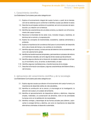 87
Programas de estudio 2011 / Guía para el Maestro
Primaria / Sexto grado
1. Conocimiento científico
Los Estándares Curriculares para esta categoría son:
1.1.	 Explica el funcionamiento integral del cuerpo humano, a partir de la interrela-
ción de los sistemas que lo conforman e identifica causas que afectan la salud.
1.2.	 Describe los principales cambios en la pubertad, así como el proceso de repro-
ducción y su relación con la herencia.
1.3.	 Identifica las características de una dieta correcta y su relación con el funciona-
miento del cuerpo humano.
1.4.	Reconoce la diversidad de los seres vivos, incluidos hongos y bacterias, en
términos de la nutrición y la reproducción.
1.5.	Explica los conceptos de biodiversidad, ecosistema, cadenas alimentarias y
ambiente.
1.6.	 Explica la importancia de la evidencia fósil para el conocimiento del desarrollo
de la vida a través del tiempo y los cambios en el ambiente.
1.7.	 Identifica algunas causas y consecuencias del deterioro de los ecosistemas, así
como del calentamiento global.
1.8.	 Identifica las transformaciones temporales y permanentes en procesos del entorno
y en fenómenos naturales, así como algunas de las causas que las producen.
1.9.	 Identifica algunos efectos de la interacción de objetos relacionados con la fuer-
za, el movimiento, la luz, el sonido, la electricidad y el calor.
1.10.	 Identifica algunas manifestaciones y transformaciones de la energía.
1.11.	 Describe la formación de eclipses y algunas características del Sistema Solar y
del Universo.
2. Aplicaciones del conocimiento científico y de la tecnología
Los Estándares Curriculares para esta categoría son:
2.1.	 Explica algunas causas que afectan el funcionamiento del cuerpo humano y la
importancia de desarrollar estilos de vida saludables.
2.2.	Identifica la contribución de la ciencia y la tecnología en la investigación, la
atención de la salud y el cuidado del ambiente.
2.3.	Identifica el aprovechamiento de dispositivos ópticos y eléctricos, máquinas
simples, materiales y la conservación de alimentos, tanto en las actividades
humanas como en la satisfacción de necesidades.
2.4.	 Identifica ventajas y desventajas de las formas actuales para obtener y apro-
vechar la energía térmica y eléctrica, así como la importancia de desarrollar
alternativas orientadas al desarrollo sustentable.
 