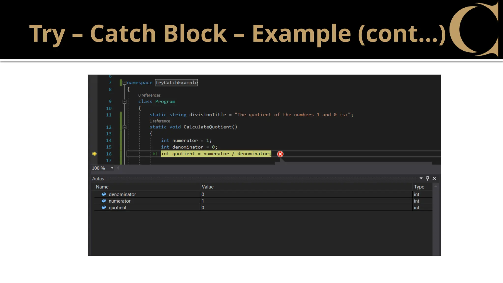 Try – Catch Block – Example (cont…)
 