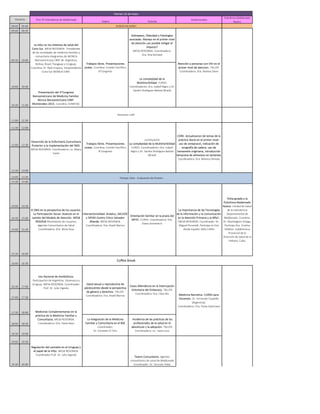 Piso 5º Intendencia de Maldonado
Teatro ExJunta
Audiovisuales
Policlínica Maldonado
Nuevo
08:00 09:00
09:00 09:30
09:30 10:00
10:00 10:30
10:30 11:00
Presentación del 4°Congreso
Iberoamericano de Medicina Familiar.
Wonca Iberoamericana CIMF-
Montevideo 2015. Coordina: SUMEFAC
11:00 11:30
11:30 12:00
12:00 12:30
12:30 13:00
13:00 13:30
13:30 14:00
14:00 14:30
14:30 15:00
15:00 15:30
15:30 16:00
16:00 16:30
16:30 17:00
17:00 17:30
17:30 18:00
18:00 18:30
18:30 19:00
19:00 19:30
19:30 20:00
Tiempo Libre - Evaluación de Posters
La integración de la Medicina
Familiar y Comunitaria en el BSE
Coordinador:
Dr. Escandor El Ters
Incidencia de las prácticas de los
profesionales de la salud en el
desvínculo y la adopción. TALLER.
Coordinadora: Lic. Ivana Leus
Regulación del cannabis en el Uruguay y
el papel de la mfyc. MESA REDONDA.
Coordinador Prof. Dr. Julio Vignolo
Teatro Comunitario. Agentes
comunitarios de salud de Maldonado
Coordinador: Dr. Gonzalo Paleo
Uso Racional de Antibióticos.
Participación de Argentina, Dinamarca y
Uruguay. MESA REDONDA. Coordinador:
Prof. Dr. Julio Vignolo
Salud sexual y reproductiva de
adolescentes desde la perspectiva
de género y derechos. TALLER.
Coordinadora: Dra. Anahí Barrios
Casos dilemáticos en la Interrupción
Voluntaria del Embarazo. TALLER.
Coordinadora: Dra. Clara Niz Medicina Narrativa. CURSO para
Docentes. Dr. Fernando Copolillo
(Argentina).
Coordinadora: Dra. Paula Galzerano
Medicinas Complementarias en la
práctica de la Medicina Familiar y
Comunitaria. MESA REDONDA.
Coordinadora: Dra. Paola Rava
Coffee Break
Orientación familiar en la praxis del
MFYC. CURSO. Coordinadora: Dra.
Diana Domenech
La importancia de las Tecnologías
de la información y la comunicación
en la Atención Primaria y la MfyC.
MESA REDONDA. Coordinador: Dr.
Miguel Pizzanelli. Participa on line
desde España: Rafa Cofiño
Visita guiada a la
Policlínica Maldonado
Nuevo. Unidad de Salud
de la Intendencia
Departamental de
Maldonado. Coordina.
Dr. Washington Ortega.
Participa Dra. Cristina
Valdivia. Subdirectora
Provincial de la
Dirección de Salud de la
Habana, Cuba.
El SNIS en la perspectiva de los usuarios.
La Participación Social. Avances en el
cambio del Modelo de Atención. MESA
REDODA Movimiento de Usuarios,
Agentes Comunitarios de Salud
Coordinadora: Dra. Alicia Sosa
Intersectorialidad: Andaluz, SACUDE
y SIPIAV-Centro Cívico Salvador
Allende. MESA REDONDA.
Coordinadora: Dra. Anahí Barrios
Desarrollo de la Enfermería Comunitaria
Posterior a la Implementación del SNIS.
MESA REDONDA. Coordinadora: Lic. Maira
Casto
Trabajos libres. Presentaciones
orales. Coordina: Comité Científico
8°Congreso
continuación
La complejidad de la Multimorbilidad
CURSO. Coordinadores: Dra. Izabell
Nigro y Dr. Sandro Rodrígues Batista
(Brasil)
CORE. Actualizacion de temas de la
práctica diaria en el primer nivel:
uso de omeprazol, indicación de
ecografía de cadera, uso de
hamamelis virginiana, introducción
temprana de alimentos en lactantes
Coordinadora: Dra. Mónica Olinisky
La complejidad de la
Multimorbilidad. CURSO.
Coordinadores: Dra. Izabell Nigro y Dr.
Sandro Rodrígues Batista (Brasil)
Descanso Café
Atención a personas con VIH en el
primer nivel de atencion. TALLER.
Coordinadora: Dra. Andrea Solari
ACREDITACIONES
La mfyc en los sistemas de salud del
Cono Sur. MESA REDONDA. Presidentes
de las sociedades de medicina famiiliar y
comunitaria integrantes de WONCA
Iberoamericana CIMF de: Argentina,
Bolivia, Brasil, Paraguay y Uruguay.
Coordina: Dr. Raúl Urquiza, Vicepresidente
Cono Sur WONCA-CIMF.
Trabajos libres. Presentaciones
orales. Coordina: Comité Científico
8°Congreso
Sobrepeso, Obesidad y Patologías
asociadas. Manejo en el primer nivel
de atenciòn ¿es posible mitigar el
impacto?
MESA REDONDA. Coordinadora:
Dra. Ana Kemayd
Viernes 23 de mayo
Horarios
 