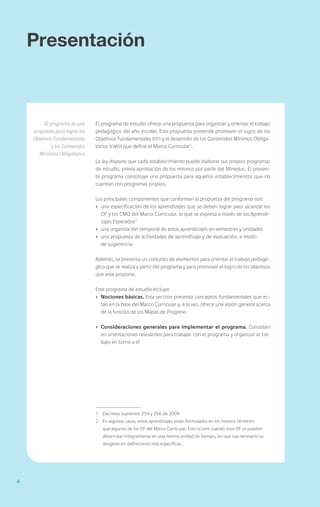 6
Presentación
El programa de estudio ofrece una propuesta para organizar y orientar el trabajo
pedagógico del año escolar. Esta propuesta pretende promover el logro de los
Objetivos Fundamentales (OF) y el desarrollo de los Contenidos Mínimos Obliga-
torios (CMO) que define el Marco Curricular1
.
La ley dispone que cada establecimiento puede elaborar sus propios programas
de estudio, previa aprobación de los mismos por parte del Mineduc. El presen-
te programa constituye una propuesta para aquellos establecimientos que no
cuentan con programas propios.
Los principales componentes que conforman la propuesta del programa son:
›	 una especificación de los aprendizajes que se deben lograr para alcanzar los
OF y los CMO del Marco Curricular, lo que se expresa a través de los Aprendi-
zajes Esperados2
›	 una organización temporal de estos aprendizajes en semestres y unidades
›	 una propuesta de actividades de aprendizaje y de evaluación, a modo
	 de sugerencia
Además, se presenta un conjunto de elementos para orientar el trabajo pedagó-
gico que se realiza a partir del programa y para promover el logro de los objetivos
que este propone.
Este programa de estudio incluye:
›	 Nociones básicas. Esta sección presenta conceptos fundamentales que es-
tán en la base del Marco Curricular y, a la vez, ofrece una visión general acerca
de la función de los Mapas de Progreso
›	 Consideraciones generales para implementar el programa. Consisten
en orientaciones relevantes para trabajar con el programa y organizar el tra-
bajo en torno a él
El programa es una
propuesta para lograr los
Objetivos Fundamentales
y los Contenidos
Mínimos Obligatorios
1	 Decretos supremos 254 y 256 de 2009
2	 En algunos casos, estos aprendizajes están formulados en los mismos términos
que algunos de los OF del Marco Curricular. Esto ocurre cuando esos OF se pueden
desarrollar íntegramente en una misma unidad de tiempo, sin que sea necesario su
desglose en definiciones más específicas.
 