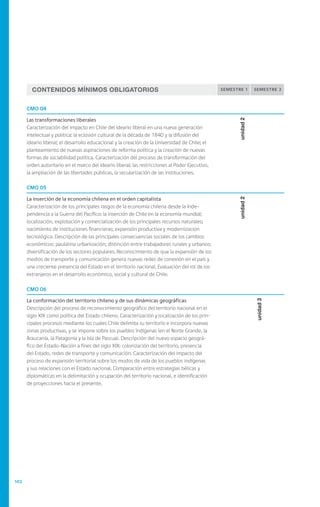 102
CMO 04
Las transformaciones liberales
Caracterización del impacto en Chile del ideario liberal en una nueva generación
intelectual y política: la eclosión cultural de la década de 1840 y la difusión del
ideario liberal; el desarrollo educacional y la creación de la Universidad de Chile; el
planteamiento de nuevas aspiraciones de reforma política y la creación de nuevas
formas de sociabilidad política. Caracterización del proceso de transformación del
orden autoritario en el marco del ideario liberal: las restricciones al Poder Ejecutivo,
la ampliación de las libertades públicas, la secularización de las instituciones.
unidad2
CMO 05
La inserción de la economía chilena en el orden capitalista
Caracterización de los principales rasgos de la economía chilena desde la Inde-
pendencia a la Guerra del Pacífico: la inserción de Chile en la economía mundial;
localización, explotación y comercialización de los principales recursos naturales;
nacimiento de instituciones financieras; expansión productiva y modernización
tecnológica. Descripción de las principales consecuencias sociales de los cambios
económicos: paulatina urbanización; distinción entre trabajadores rurales y urbanos;
diversificación de los sectores populares. Reconocimiento de que la expansión de los
medios de transporte y comunicación genera nuevas redes de conexión en el país y
una creciente presencia del Estado en el territorio nacional. Evaluación del rol de los
extranjeros en el desarrollo económico, social y cultural de Chile.
unidad2
CMO 06
La conformación del territorio chileno y de sus dinámicas geográficas
Descripción del proceso de reconocimiento geográfico del territorio nacional en el
siglo XIX como política del Estado chileno. Caracterización y localización de los prin-
cipales procesos mediante los cuales Chile delimita su territorio e incorpora nuevas
zonas productivas, y se impone sobre los pueblos indígenas (en el Norte Grande, la
Araucanía, la Patagonia y la Isla de Pascua). Descripción del nuevo espacio geográ-
fico del Estado-Nación a fines del siglo XIX: colonización del territorio, presencia
del Estado, redes de transporte y comunicación. Caracterización del impacto del
proceso de expansión territorial sobre los modos de vida de los pueblos indígenas
y sus relaciones con el Estado nacional. Comparación entre estrategias bélicas y
diplomáticas en la delimitación y ocupación del territorio nacional, e identificación
de proyecciones hacia el presente.
unidad3
Contenidos Mínimos Obligatorios semestre 1 semestre 2
 