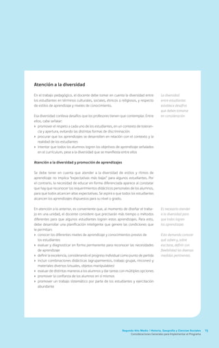 15Segundo Año Medio / Historia, Geografía y Ciencias Sociales
Consideraciones Generales para Implementar el Programa
Atención a la diversidad
En el trabajo pedagógico, el docente debe tomar en cuenta la diversidad entre
los estudiantes en términos culturales, sociales, étnicos o religiosos, y respecto
de estilos de aprendizaje y niveles de conocimiento.
Esa diversidad conlleva desafíos que los profesores tienen que contemplar. Entre
ellos, cabe señalar:
›	 promover el respeto a cada uno de los estudiantes, en un contexto de toleran-
cia y apertura, evitando las distintas formas de discriminación
›	 procurar que los aprendizajes se desarrollen en relación con el contexto y la
realidad de los estudiantes
›	 intentar que todos los alumnos logren los objetivos de aprendizaje señalados
en el currículum, pese a la diversidad que se manifiesta entre ellos
Atención a la diversidad y promoción de aprendizajes
Se debe tener en cuenta que atender a la diversidad de estilos y ritmos de
aprendizaje no implica “expectativas más bajas” para algunos estudiantes. Por
el contrario, la necesidad de educar en forma diferenciada aparece al constatar
que hay que reconocer los requerimientos didácticos personales de los alumnos,
para que todos alcancen altas expectativas. Se aspira a que todos los estudiantes
alcancen los aprendizajes dispuestos para su nivel o grado.
En atención a lo anterior, es conveniente que, al momento de diseñar el traba-
jo en una unidad, el docente considere que precisarán más tiempo o métodos
diferentes para que algunos estudiantes logren estos aprendizajes. Para esto,
debe desarrollar una planificación inteligente que genere las condiciones que
le permitan:
›	 conocer los diferentes niveles de aprendizaje y conocimientos previos de
	 los estudiantes
›	 evaluar y diagnosticar en forma permanente para reconocer las necesidades
de aprendizaje
›	 definir la excelencia, considerando el progreso individual como punto de partida
›	 incluir combinaciones didácticas (agrupamientos, trabajo grupal, rincones) y
materiales diversos (visuales, objetos manipulables)
›	 evaluar de distintas maneras a los alumnos y dar tareas con múltiples opciones
›	 promover la confianza de los alumnos en sí mismos
›	 promover un trabajo sistemático por parte de los estudiantes y ejercitación
abundante
La diversidad
entre estudiantes
establece desafíos
que deben tomarse
en consideración
Es necesario atender
a la diversidad para
que todos logren
los aprendizajes
Esto demanda conocer
qué saben y, sobre
esa base, definir con
flexibilidad las diversas
medidas pertinentes
 