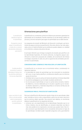 16
Orientaciones para planificar
La planificación es un elemento central en el esfuerzo por promover y garantizar los
aprendizajes de los estudiantes. Permite maximizar el uso del tiempo y definir los
procesos y recursos necesarios para lograr los aprendizajes que se debe alcanzar.
Los programas de estudio del Ministerio de Educación constituyen una herra-
mienta de apoyo al proceso de planificación. Para estos efectos, han sido elabo-
rados como un material flexible que los profesores pueden adaptar a su realidad
en los distintos contextos educativos del país.
El principal referente que entrega el programa de estudio para planificar son
los Aprendizajes Esperados. De manera adicional, el programa apoya la pla-
nificación a través de la propuesta de unidades, de la estimación del tiempo
cronológico requerido en cada una y de la sugerencia de actividades para de-
sarrollar los aprendizajes.
Consideraciones generales para realizar la planificación
La planificación es un proceso que se recomienda realizar, considerando los
siguientes aspectos:
›	 la diversidad de niveles de aprendizaje que han alcanzado los estudiantes
del curso, lo que implica planificar considerando desafíos para los distintos
grupos de alumnos
›	 el tiempo real con que se cuenta, de manera de optimizar el tiempo disponible
›	 las prácticas pedagógicas que han dado resultados satisfactorios
›	 los recursos para el aprendizaje con que se cuenta: textos escolares, materia-
les didácticos, recursos elaborados por la escuela o aquellos que es necesa-
rio diseñar; laboratorio y materiales disponibles en el Centro de Recursos de
Aprendizaje (CRA), entre otros
Sugerencias para el proceso de planificación
Para que la planificación efectivamente ayude al logro de los aprendizajes, debe
estar centrada en torno a ellos y desarrollarse a partir de una visión clara de lo
que los alumnos deben aprender. Para alcanzar este objetivo, se recomienda
elaborar la planificación en los siguientes términos:
›	 comenzar por una especificación de los Aprendizajes Esperados que no se
limite a listarlos. Una vez identificados, es necesario desarrollar una idea lo
más clara posible de las expresiones concretas que puedan tener. Esto im-
plica reconocer qué desempeños de los estudiantes demuestran el logro de
los aprendizajes. Se deben poder responder preguntas como ¿qué deberían
La planificación
favorece el logro de
los aprendizajes
El programa sirve de
apoyo a la planificación
a través de un conjunto
de elementos elaborados
para este fin
Se debe planificar
tomando en cuenta la
diversidad, el tiempo real,
las prácticas anteriores y
los recursos disponibles
Lograr una visión lo más
clara y concreta posible
sobre los desempeños
que dan cuenta de
los aprendizajes…
 