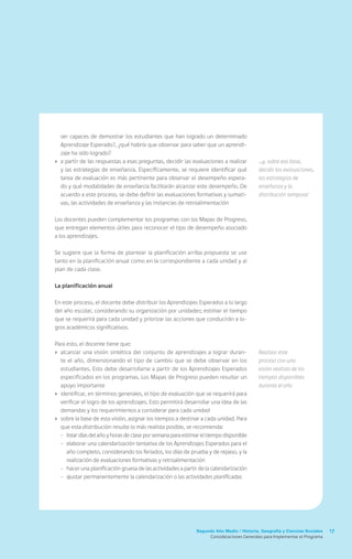 17Segundo Año Medio / Historia, Geografía y Ciencias Sociales
Consideraciones Generales para Implementar el Programa
ser capaces de demostrar los estudiantes que han logrado un determinado
Aprendizaje Esperado?, ¿qué habría que observar para saber que un aprendi-
zaje ha sido logrado?
›	 a partir de las respuestas a esas preguntas, decidir las evaluaciones a realizar
y las estrategias de enseñanza. Específicamente, se requiere identificar qué
tarea de evaluación es más pertinente para observar el desempeño espera-
do y qué modalidades de enseñanza facilitarán alcanzar este desempeño. De
acuerdo a este proceso, se debe definir las evaluaciones formativas y sumati-
vas, las actividades de enseñanza y las instancias de retroalimentación
Los docentes pueden complementar los programas con los Mapas de Progreso,
que entregan elementos útiles para reconocer el tipo de desempeño asociado
a los aprendizajes.
Se sugiere que la forma de plantear la planificación arriba propuesta se use
tanto en la planificación anual como en la correspondiente a cada unidad y al
plan de cada clase.
La planificación anual
En este proceso, el docente debe distribuir los Aprendizajes Esperados a lo largo
del año escolar, considerando su organización por unidades; estimar el tiempo
que se requerirá para cada unidad y priorizar las acciones que conducirán a lo-
gros académicos significativos.
Para esto, el docente tiene que:
›	 alcanzar una visión sintética del conjunto de aprendizajes a lograr duran-
te el año, dimensionando el tipo de cambio que se debe observar en los
estudiantes. Esto debe desarrollarse a partir de los Aprendizajes Esperados
especificados en los programas. Los Mapas de Progreso pueden resultar un
apoyo importante
›	 identificar, en términos generales, el tipo de evaluación que se requerirá para
verificar el logro de los aprendizajes. Esto permitirá desarrollar una idea de las
demandas y los requerimientos a considerar para cada unidad
›	 sobre la base de esta visión, asignar los tiempos a destinar a cada unidad. Para
que esta distribución resulte lo más realista posible, se recomienda:
-	 listardíasdelañoyhorasdeclaseporsemanaparaestimareltiempodisponible
-	 elaborar una calendarización tentativa de los Aprendizajes Esperados para el
año completo, considerando los feriados, los días de prueba y de repaso, y la
realización de evaluaciones formativas y retroalimentación
-	 hacer una planificación gruesa de las actividades a partir de la calendarización
-	 ajustar permanentemente la calendarización o las actividades planificadas
…y, sobre esa base,
decidir las evaluaciones,
las estrategias de
enseñanza y la
distribución temporal
Realizar este
proceso con una
visión realista de los
tiempos disponibles
durante el año
 