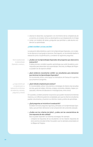 20
›	 observar el desarrollo, la progresión o el crecimiento de las competencias de
un alumno, al constatar cómo sus desempeños se van desplazando en el mapa
›	 contar con modelos de tareas y preguntas que permitan a cada alumno evi-
denciar sus aprendizajes
¿Cómo diseñar la evaluación?
La evaluación debe diseñarse a partir de los Aprendizajes Esperados, con el obje-
to de observar en qué grado se alcanzan. Para lograrlo, se recomienda diseñar la
evaluación junto a la planificación y considerar las siguientes preguntas:
›	 ¿Cuáles son los Aprendizajes Esperados del programa que abarcará la
evaluación?
	 Si debe priorizar, considere aquellos aprendizajes que serán duraderos y pre-
rrequisitos para desarrollar otros aprendizajes. Para esto, los Mapas de Progre-
so pueden ser de especial utilidad
›	 ¿Qué evidencia necesitarían exhibir sus estudiantes para demostrar
que dominan los Aprendizajes Esperados?
	 Se recomienda utilizar como apoyo los Indicadores de Evaluación sugeridos
que presenta el programa.
›	 ¿Qué método empleará para evaluar?
	 Es recomendable utilizar instrumentos y estrategias de diverso tipo (pruebas
escritas, guías de trabajo, informes, ensayos, entrevistas, debates, mapas con-
ceptuales, informes de laboratorio e investigaciones, entre otros).
En lo posible, se deben presentar situaciones que pueden resolverse de distintas
maneras y con diferente grado de complejidad, para que los diversos estudiantes
puedan solucionarlas y muestren sus distintos niveles y estilos de aprendizaje.
›	 ¿Qué preguntas se incluirá en la evaluación?
	 Se deben formular preguntas rigurosas y alineadas con los Aprendizajes Espe-
rados, que permitan demostrar la real comprensión del contenido evaluado
›	 ¿Cuáles son los criterios de éxito?, ¿cuáles son las características de
una respuesta de alta calidad?
	 Esto se puede responder con distintas estrategias. Por ejemplo:
-	 comparar las respuestas de sus estudiantes con las mejores respuestas de
otros alumnos de edad similar. Se pueden usar los ejemplos presentados en
los Mapas de Progreso
Partir estableciendo
los Aprendizajes
Esperados a evaluar…
…y luego decidir qué
se requiere para su
evaluación en términos
de evidencias, métodos,
preguntas y criterios
 