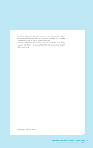 21Segundo Año Medio / Historia, Geografía y Ciencias Sociales
Consideraciones Generales para Implementar el Programa
-	 identificar respuestas de evaluaciones previamente realizadas que expresen
el nivel de desempeño esperado, y utilizarlas como modelo para otras eva-
luaciones realizadas en torno al mismo aprendizaje
-	 desarrollar rúbricas5
que indiquen los resultados explícitos para un des-
empeño específico y que muestren los diferentes niveles de calidad para
dicho desempeño
5	 Rúbrica: tabla o pauta para evaluar
 