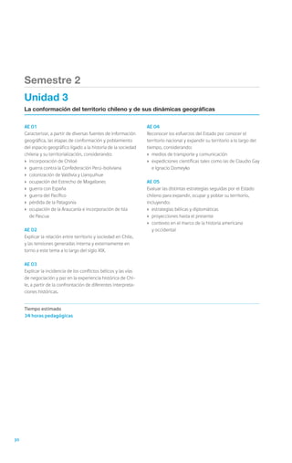 30
AE 01
Caracterizar, a partir de diversas fuentes de información
geográfica, las etapas de conformación y poblamiento
del espacio geográfico ligado a la historia de la sociedad
chilena y su territorialización, considerando:
›	 incorporación de Chiloé
›	 guerra contra la Confederación Perú-boliviana
›	 colonización de Valdivia y Llanquihue
›	 ocupación del Estrecho de Magallanes
›	 guerra con España
›	 guerra del Pacífico
›	 pérdida de la Patagonia
›	 ocupación de la Araucanía e incorporación de Isla
de Pascua
AE 02
Explicar la relación entre territorio y sociedad en Chile,
y las tensiones generadas interna y externamente en
torno a este tema a lo largo del siglo XIX.
AE 03
Explicar la incidencia de los conflictos bélicos y las vías
de negociación y paz en la experiencia histórica de Chi-
le, a partir de la confrontación de diferentes interpreta-
ciones históricas.
AE 04
Reconocer los esfuerzos del Estado por conocer el
territorio nacional y expandir su territorio a lo largo del
tiempo, considerando:
›	 medios de transporte y comunicación
›	 expediciones científicas tales como las de Claudio Gay
e Ignacio Domeyko
AE 05
Evaluar las distintas estrategias seguidas por el Estado
chileno para expandir, ocupar y poblar su territorio,
incluyendo:
›	 estrategias bélicas y diplomáticas
›	 proyecciones hasta el presente
›	 contexto en el marco de la historia americana
y occidental
Semestre 2
Unidad 3
La conformación del territorio chileno y de sus dinámicas geográficas
Tiempo estimado
34 horas pedagógicas
 