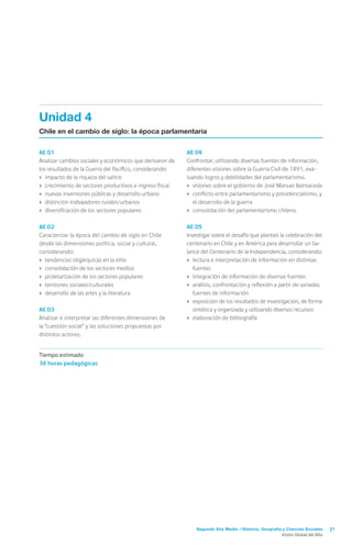 Segundo Año Medio / Historia, Geografía y Ciencias Sociales 31
Visión Global del Año
AE 04
Confrontar, utilizando diversas fuentes de información,
diferentes visiones sobre la Guerra Civil de 1891, eva-
luando logros y debilidades del parlamentarismo.
›	 visiones sobre el gobierno de José Manuel Balmaceda
›	 conflicto entre parlamentarismo y presidencialismo, y
el desarrollo de la guerra
›	 consolidación del parlamentarismo chileno
AE 05
Investigar sobre el desafío que planteó la celebración del
centenario en Chile y en América para desarrollar un ba-
lance del Centenario de la Independencia, considerando:
›	 lectura e interpretación de información en distintas
fuentes
›	 integración de información de diversas fuentes
›	 análisis, confrontación y reflexión a partir de variadas
fuentes de información
›	 exposición de los resultados de investigación, de forma
sintética y organizada y utilizando diversos recursos
›	 elaboración de bibliografía
AE 01
Analizar cambios sociales y económicos que derivaron de
los resultados de la Guerra del Pacífico, considerando:
›	 impacto de la riqueza del salitre
›	 crecimiento de sectores productivos e ingreso fiscal
›	 nuevas inversiones públicas y desarrollo urbano
›	 distinción trabajadores rurales/urbanos
›	 diversificación de los sectores populares
AE 02
Caracterizar la época del cambio de siglo en Chile
desde las dimensiones política, social y cultural,
considerando:
›	 tendencias oligárquicas en la elite
›	 consolidación de los sectores medios
›	 proletarización de los sectores populares
›	 tensiones sociales/culturales
›	 desarrollo de las artes y la literatura
AE 03
Analizar e interpretar las diferentes dimensiones de
la “cuestión social” y las soluciones propuestas por
distintos actores.
Unidad 4
Chile en el cambio de siglo: la época parlamentaria
Tiempo estimado
36 horas pedagógicas
 