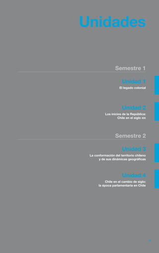 33
Unidades
Semestre 1
Semestre 2
Unidad 1
El legado colonial
Unidad 2
Los inicios de la República:
Chile en el siglo XIX
Unidad 3
La conformación del territorio chileno
y de sus dinámicas geográficas
Unidad 4
Chile en el cambio de siglo:
la época parlamentaria en Chile
 