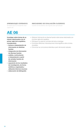 52
AE 06
Investigar sobre temas de su
interés relacionados con el
primer siglo de la república,
considerando:
›	 lectura e interpretación de
información en distintas
fuentes
›	 integración de información
de diversas fuentes
›	 análisis, confrontación
e interpretación a partir
de variadas fuentes de
información
›	 exposición de los resultados
de investigación, de forma
sintética y organizada y
utilizando diversos recursos
›	 elaboración de bibliografía
›	 Obtienen información en diversas fuentes sobre temas relacionados con
el primer siglo de la república.
›	 Distinguen los aspectos centrales del tema a investigar.
›	 Contrastan diferentes interpretaciones historiográficas sobre el tema
estudiado.
›	 Comunican las conclusiones obtenidas a partir del estudio realizado.
aprendizajes esperados
Se espera que los estudiantes sean
capaces de:
indicadores de evaluación sugeridos
Cuando los estudiantes han logrado este aprendizaje:
 