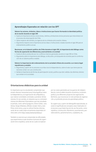 Segundo Año Medio / Historia, Geografía y Ciencias Sociales 53
Unidad 2
por los costos generados por las guerras de indepen-
dencia, como la débil situación económica, la división
política y los diferentes proyectos de organización.
Asimismo, que reconozcan en este período de organiza-
ción un profundo proceso de aprendizaje político.
Se sugiere que, a partir de bibliografía especializada, se
aclare el significado de conceptos clave implicados en
el proceso y que hasta hoy son de uso frecuente, como
república, constitución, liberalismo, autoritarismo, pre-
sidencialismo, parlamentarismo, ciudadanía, etc.
Orientaciones didácticas para la unidad
Es importante que los estudiantes comprendan que
existen diversas interpretaciones historiográficas sobre
la Independencia y la organización de la República y
que realicen actividades orientadas a ponderar dichas
visiones. En ese sentido, es relevante que se contrasten
visiones de diferentes historiadores que han estudiado
el período, como Jaime Eyzaguirre, Simon Collier, Julio
Heisse, Sergio Villalobos, Alfredo Jocelyn-Holt y Julio
Pinto, entre otros, y que se utilicen fuentes directas,
varias de las cuales están actualmente disponibles en
sitios web como http://www.memoriachilena.cl
También es esencial que comprendan las dificultades
que experimento el país durante el proceso de organi-
zación de la república, varias de las cuales se explican
Aprendizajes Esperados en relación con los OFT
Valorar los actores, símbolos, ideas e instituciones que fueron formando la identidad política
de la nación durante el siglo XIX
›	 Explica la importancia de las convicciones, méritos y limitaciones de las personas que intervinieron en
el proceso de emancipación de Chile.
›	 Opina respecto del sentido y la vigencia de los símbolos de la nación chilena.
›	 Argumenta respecto de la importancia de las ideas e instituciones creadas durante el siglo XIX para el
ordenamiento político actual.
Reconocer, en el devenir político de Chile durante el siglo XIX, la importancia del diálogo como
forma de superación de diferencias y acercamiento a la verdad
›	 Evalúa el efecto producido por los conflictos internos generados durante el siglo XIX en Chile.
›	 Argumenta sobre la importancia del diálogo, la discusión y la búsqueda de acuerdos para la conforma-
ción de un sistema político estable.
Valorar la importancia del ordenamiento de la sociedad chilena de acuerdo a un marco legal
republicano y estable
›	 Argumenta, a partir de los procesos ocurridos tras la Independencia, sobre el valor que tiene para las
naciones contar con una constitución.
›	 Señala la importancia de formas de participación social y política que den cabida a las distintas visiones
que existen en la sociedad.
 
