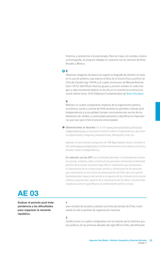 Segundo Año Medio / Historia, Geografía y Ciencias Sociales 55
Unidad 2
AE 03
Evaluar el período post Inde-
pendencia y las dificultades
para organizar la naciente
república.
	 1
	 Leen el texto de estudio y realizan una línea de tiempo de Chile, locali-
zando en ella el período de organización nacional.
	 2
	 Confeccionan un cuadro comparativo con las visiones de los distintos gru-
pos políticos de las primeras décadas del siglo XIX en Chile, identificando
histórica y caracterizar a los personajes. Para los trajes, los sonidos, música
y escenografía, se propone trabajar en conjunto con los sectores de Artes
Visuales y Música.
	8
	 Observan imágenes de época (se sugiere la litografía de Lehnert Un baile
en la casa de gobierno, que está en el Atlas de la historia física y política de
Chile de Claudio Gay (1854), y el cuadro Zamacueca de Manuel Antonio
Caro (1872). Identifican diversos grupos y actores sociales en cada ima-
gen y cada estudiante elabora un escrito en el caracteriza la estructura
social chilena hacia 1810 (Objetivos Fundamentales de Artes Visuales).
	 9
	 Realizan un cuadro comparativo respecto de la organización política,
económica, social y cultural de Chile durante los períodos colonial, post
Independencia y la actualidad. Extraen conclusiones por escrito de los
elementos de cambio y continuidad presentes e identifican la importan-
cia que tuvo para Chile el proceso emancipador.
!	Observaciones al docente: En el sitio www.memoriachilena.cl/historia/
independencia.asp, se encuentra material sobre la Independencia: documen-
tos digitalizados, imágenes, presentaciones, bibliografía, links, etc.
	 Además, se recomienda el programa de TVN Algo habrán hecho. También el
sitio web www.auroradechile.cl contiene documentos de la época, artículos y
estudios sobre la Independencia.
	 En relación con los OFT: las actividades permiten a los estudiantes valorar
los actores, símbolos, ideas e instituciones que fueron formando la identidad
política de la nación durante el siglo XIX. Es importante que comprendan
la importancia de las convicciones, méritos y limitaciones de las personas
que intervinieron en el proceso de emancipación de Chile, den una opinión
fundamentada respecto del sentido y la vigencia de los símbolos de la nación
chilena y argumenten respecto de la importancia de las ideas e instituciones
creadas durante el siglo XIX para el ordenamiento político actual.
 