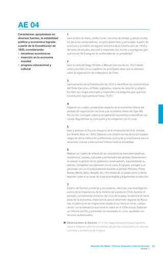 Segundo Año Medio / Historia, Geografía y Ciencias Sociales 57
Unidad 2
AE 04
Caracterizar, apoyándose en
diversas fuentes, la estabilidad
política y económica lograda
a partir de la Constitución de
1833, considerando:
›	 iniciativas económicas
›	 inserción en la economía
mundial
›	 progreso educacional y
cultural
	1
	 Leen el libro de texto, confeccionan una línea de tiempo y ubican en ella
los decenios conservadores, sus principales hitos y personajes. A partir de
la lectura y el análisis de algunos extractos de la Constitución de 1833 y
del texto de estudio, discuten y responden por escrito a la pregunta ¿por
qué era tan fácil asegurar la continuidad de un presidente?
	2
	 Leen la carta de Diego Portales a Manuel Cea (escrita en 1822 desde
Lima) y escriben en su cuaderno las principales ideas que se plantean
sobre la organización de la República de Chile.
	3
	 Leen extractos de la Constitución de 1833 e identifican las características
del Poder Ejecutivo, el Poder Legislativo, sistema de votación y religión.
Escriben sus rasgos esenciales y responden a la pregunta ¿por qué esta
Constitución logró perdurar hasta 1925?
	4
	 Elaboran un cuadro comparativo respecto de la economía chilena del
período de organización nacional y de la primera mitad del siglo XIX.
Por escrito concluyen sobre la recuperación económica e identifican sus
causas. Argumentan su conclusión y la comparten con el curso.
	 5
	 Leen y analizan el Discurso inaugural de la Universidad de Chile, dictado
por Andrés Bello en 1843. Elaboran una síntesis escrita de los principales
rasgos de dicha institución y reflexionan acerca de su importancia para el
desarrollo cultural y educacional chileno hasta la actualidad.
	6
	 Realizan un cuadro de síntesis de las características esenciales (políticas,
económicas, sociales, culturales y territoriales) del período. Posteriormen-
te evalúan la gestión de los gobiernos conservadores, argumentando su
opinión. Comparten sus opiniones con el curso. En grupos, escogen a un
personaje con un rol preponderante durante el período (Portales, Prieto,
Bulnes, Montt, Bello, Rengifo, etc.). Por medio de un power point o afiche
exponen sobre el accionar de la persona elegida y argumentan su elección.
	7
	 A partir de fuentes primarias y secundarias, efectúan una investigación
acerca de la importancia de la minería de la plata en Chile durante el
período, considerando duración del ciclo de la plata, incidencia en otras
áreas de la economía, importancia para el desarrollo regional de Ataca-
ma, incidencia en las migraciones desde el sur hacia el norte, compa-
ración con la relevancia que tiene el cobre en el Chile actual. Elaboran
un informe escrito y presentan los resultados al curso, ayudados por
recursos audiovisuales.
!	Observaciones al docente: En el sitio www.memoriachilena.cl aparecen
textos e imágenes sobre los presidentes del período conservador y los avances
culturales y económicos de la época.
 