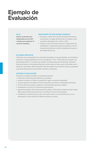 60
Ejemplo de
Evaluación
Ejemplo de
Evaluación
Actividad propuesta
Utilizando como antecedentes los contenidos abordados en este aprendizaje, los estudiantes
redactan un ensayo individual en torno a la pregunta: “1823-1830: ¿años de anarquía o de
aprendizaje político?”. Se espera que realicen su propia evaluación del período, utilizando
fuentes primarias y contrastando diferentes visiones sobre el tema a partir de fuentes secun-
darias (ej.: Julio Heisse, Alberto Edwards). Para ello, deben tomar posición frente a la pregunta
y presentar argumentos que permitan sustentar su respuesta.
Criterios de evaluación
Al evaluar, se sugiere considerar los siguientes aspectos:
›	 selecciona y utiliza fuentes primarias y secundarias
›	 expresa sus ideas con fluidez y la exposición sigue un esquema organizado
›	 trata los aspectos principales en forma exhaustiva y los ilustra con ejemplos pertinentes
›	 formula opiniones propias y evidencia un pensamiento personal y original
›	 fundamenta sus juicios con suficiente argumentación
›	 argumenta respecto de la importancia de las ideas e instituciones creadas durante el siglo
XIX y evalúa el efecto producido por los conflictos internos de ese período
›	 manifiesta lo importante que es para una nación contar con una Constitución y con la
participación social y política de distintos sectores y visiones
AE 03
Evaluar el período post
Independencia y las difi-
cultades para organizar la
naciente república.
Indicadores de Evaluación sugeridos
›	 Describen, a partir de la revisión de fuentes primarias y
secundarias, los rasgos distintivos de los ensayos consti-
tucionales redactados entre 1823 y 1828.
›	 Evalúan, a partir de fuentes diversas, la organización de
la República, considerando elementos adversos como la
inexperiencia política, los daños heredados de la guerra
de independencia, etc.
 
