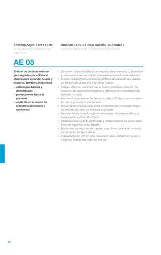 66
AE 05
Evaluar las distintas estrate-
gias seguidas por el Estado
chileno para expandir, ocupar y
poblar su territorio, incluyendo:
›	 estrategias bélicas y
diplomáticas
›	 proyecciones hasta el
presente
›	 contexto en el marco de
la historia americana y
occidental
›	 Comparan la diversidad de posturas respecto de los métodos, su efectividad
y consecuencias de la ocupación de nuevos territorios durante el periodo.
›	 Explican los beneficios económicos y políticos derivados de la ocupación
del Estrecho de Magallanes y del Norte Grande.
›	 Indagan sobre las relaciones que se pueden establecer entre los con-
flictos con las poblaciones indígenas y el proceso de conformación del
territorio nacional.
›	 Relacionan los problemas fronterizos actuales de Chile con los anteceden-
tes que se gestaron en este período.
›	 Evalúan la influencia cultural, social y económica de los colonos extranje-
ros en Chile, así como sus implicancias actuales.
›	 Formulan juicios fundados sobre las estrategias utilizadas por el Estado
para expandir y utilizar el territorio.
›	 Establecen relaciones de continuidad y cambio respecto a la guerra como
forma de expansión de los Estados.
›	 Evalúan efectos negativos de la guerra como forma de relación territorial
entre Estados, en la actualidad.
›	 Indagan sobre los efectos de la colonización en las poblaciones locales e
indígenas, en distintas partes del mundo.
aprendizajes esperados
Se espera que los estudiantes sean
capaces de:
indicadores de evaluación sugeridos
Cuando los estudiantes han logrado este aprendizaje:
 