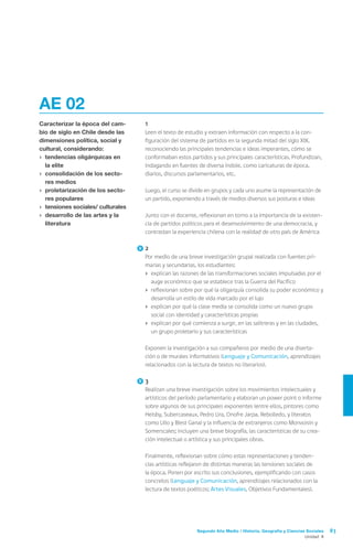 Segundo Año Medio / Historia, Geografía y Ciencias Sociales 83
Unidad 4
AE 02
Caracterizar la época del cam-
bio de siglo en Chile desde las
dimensiones política, social y
cultural, considerando:
›	 tendencias oligárquicas en
la elite
›	 consolidación de los secto-
res medios
›	 proletarización de los secto-
res populares
›	 tensiones sociales/ culturales
›	 desarrollo de las artes y la
literatura
	1
	 Leen el texto de estudio y extraen información con respecto a la con-
figuración del sistema de partidos en la segunda mitad del siglo XIX,
reconociendo las principales tendencias e ideas imperantes, cómo se
conformaban estos partidos y sus principales características. Profundizan,
indagando en fuentes de diversa índole, como caricaturas de época,
diarios, discursos parlamentarios, etc.
	 Luego, el curso se divide en grupos y cada uno asume la representación de
un partido, exponiendo a través de medios diversos sus posturas e ideas
	 Junto con el docente, reflexionan en torno a la importancia de la existen-
cia de partidos políticos para el desenvolvimiento de una democracia, y
contrastan la experiencia chilena con la realidad de otro país de América
	2
	 Por medio de una breve investigación grupal realizada con fuentes pri-
marias y secundarias, los estudiantes:
›	 explican las razones de las transformaciones sociales impulsadas por el
auge económico que se establece tras la Guerra del Pacífico
›	 reflexionan sobre por qué la oligarquía consolida su poder económico y
desarrolla un estilo de vida marcado por el lujo
›	 explican por qué la clase media se consolida como un nuevo grupo
social con identidad y características propias
›	 explican por qué comienza a surgir, en las salitreras y en las ciudades,
un grupo proletario y sus características
	 Exponen la investigación a sus compañeros por medio de una diserta-
ción o de murales informativos (Lenguaje y Comunicación, aprendizajes
relacionados con la lectura de textos no literarios).
	3
	 Realizan una breve investigación sobre los movimientos intelectuales y
artísticos del período parlamentario y elaboran un power point o informe
sobre algunos de sus principales exponentes (entre ellos, pintores como
Helsby, Subercaseaux, Pedro Lira, Onofre Jarpa, Rebolledo, y literatos
como Lillo y Blest Gana) y la influencia de extranjeros como Monvoisin y
Somerscales; incluyen una breve biografía, las características de su crea-
ción intelectual o artística y sus principales obras.
	 Finalmente, reflexionan sobre cómo estas representaciones y tenden-
cias artísticas reflejaron de distintas maneras las tensiones sociales de
la época. Ponen por escrito sus conclusiones, ejemplificando con casos
concretos (Lenguaje y Comunicación, aprendizajes relacionados con la
lectura de textos poéticos; Artes Visuales, Objetivos Fundamentales).
 