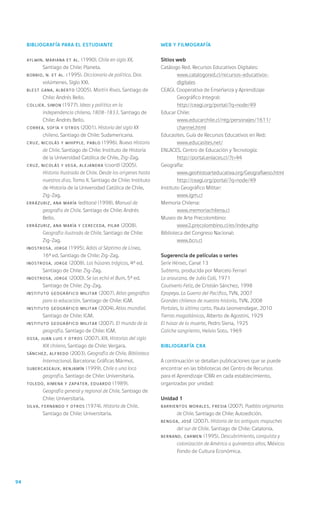 94
Bibliografía para el estudiante
AYLWIN, Mariana et al. (1990). Chile en siglo XX.
Santiago de Chile: Planeta.
BOBBIO, N. et al. (1995). Diccionario de política. Dos
volúmenes. Siglo XXI.
BLEST GANA, Alberto (2005). Martín Rivas. Santiago de
Chile: Andrés Bello.
COLLIER, Simon (1977). Ideas y política en la
independencia chilena, 1808-1833. Santiago de
Chile: Andrés Bello.
CORREA, Sofía y otros (2001). Historia del siglo XX
chileno. Santiago de Chile: Sudamericana.
CRUZ, Nicolás y WHIPPLE, Pablo (1996). Nueva Historia
de Chile. Santiago de Chile: Instituto de Historia
de la Universidad Católica de Chile, Zig-Zag.
CRUZ, Nicolás y VEGA, Alejandra (coord) (2005).
Historia Ilustrada de Chile. Desde los orígenes hasta
nuestros días. Tomo II. Santiago de Chile: Instituto
de Historia de la Universidad Católica de Chile,
Zig-Zag.
ERRÁZURIZ, Ana María (editora) (1998). Manual de
geografía de Chile. Santiago de Chile: Andrés
Bello.
ERRÁZURIZ, Ana María y CERECEDA, Pilar (2008).
Geografía ilustrada de Chile. Santiago de Chile:
Zig-Zag.
INOSTROSA, Jorge (1995). Adiós al Séptimo de Línea,
16ª ed. Santiago de Chile: Zig-Zag.
INOSTROSA, Jorge (2008). Los húsares trágicos, 4ª ed.
Santiago de Chile: Zig-Zag.
INOSTROSA, Jorge (2000). Se las echó el Buin, 5ª ed.
Santiago de Chile: Zig-Zag.
INSTITUTO GEOGRÁFICO MILITAR (2007). Atlas geográfico
para la educación. Santiago de Chile: IGM.
INSTITUTO GEOGRÁFICO MILITAR (2004). Atlas mundial.
Santiago de Chile: IGM.
INSTITUTO GEOGRÁFICO MILITAR (2007). El mundo de la
geografía. Santiago de Chile: IGM.
OSSA, Juan Luis y otros (2007). XIX. Historias del siglo
XIX chileno. Santiago de Chile: Vergara.
SÁNCHEZ, Alfredo (2003). Geografía de Chile. Biblioteca
Internacional. Barcelona: Gráficas Mármol.
SUBERCASEAUX, Benjamín (1999). Chile o una loca
geografía. Santiago de Chile: Universitaria.
TOLEDO, Ximena y ZAPATER, Eduardo (1989).
Geografía general y regional de Chile. Santiago de
Chile: Universitaria.
SILVA, Fernando y otros (1974). Historia de Chile.
Santiago de Chile: Universitaria.
Web y filmografía
Sitios web
Catálogo Red. Recursos Educativos Digitales:
	 www.catalogored.cl/recursos-educativos-
digitales
CEAGI. Cooperativa de Enseñanza y Aprendizaje
Geográfico Integral:
	 http://ceagi.org/portal/?q=node/49
Educar Chile:
	 www.educarchile.cl/ntg/personajes/1611/
channel.html
Educasites. Guía de Recursos Educativos en Red:
	 www.educasites.net/
ENLACES. Centro de Educación y Tecnología:
	 http://portal.enlaces.cl/?t=44
Geografía:
	 www.geohistoarteducativa.org/Geografiaeso.html
	 http://ceagi.org/portal/?q=node/49
Instituto Geográfico Militar:
	 www.igm.cl
Memoria Chilena:
	 www.memoriachilena.cl
Museo de Arte Precolombino:
	 www2.precolombino.cl/es/index.php
Biblioteca del Congreso Nacional:
	 www.bcn.cl
Sugerencia de películas o series
Serie Héroes, Canal 13
Subterra, producida por Marcelo Ferrari
La araucana, de Julio Coll, 1971
Cautiverio Feliz, de Cristián Sánchez, 1998
Epopeya. La Guerra del Pacífico, TVN, 2007
Grandes chilenos de nuestra historia, TVN, 2008
Portales, la última carta, Paula Leonvendagar, 2010
Tierras magallánicas, Alberto de Agostini, 1929
El húsar de la muerte, Pedro Siena, 1925
Caliche sangriento, Helvio Soto, 1969
Bibliografía CRA
A continuación se detallan publicaciones que se puede
encontrar en las bibliotecas del Centro de Recursos
para el Aprendizaje (CRA) en cada establecimiento,
organizadas por unidad:
Unidad 1
BARRIENTOS MORALES, Fresia (2007). Pueblos originarios
de Chile. Santiago de Chile: Autoedición.
BENGOA, José (2007). Historia de los antiguos mapuches
del sur de Chile. Santiago de Chile: Catalonia.
BERNAND, Carmen (1995). Descubrimiento, conquista y
colonización de América a quinientos años. México:
Fondo de Cultura Económica.
 